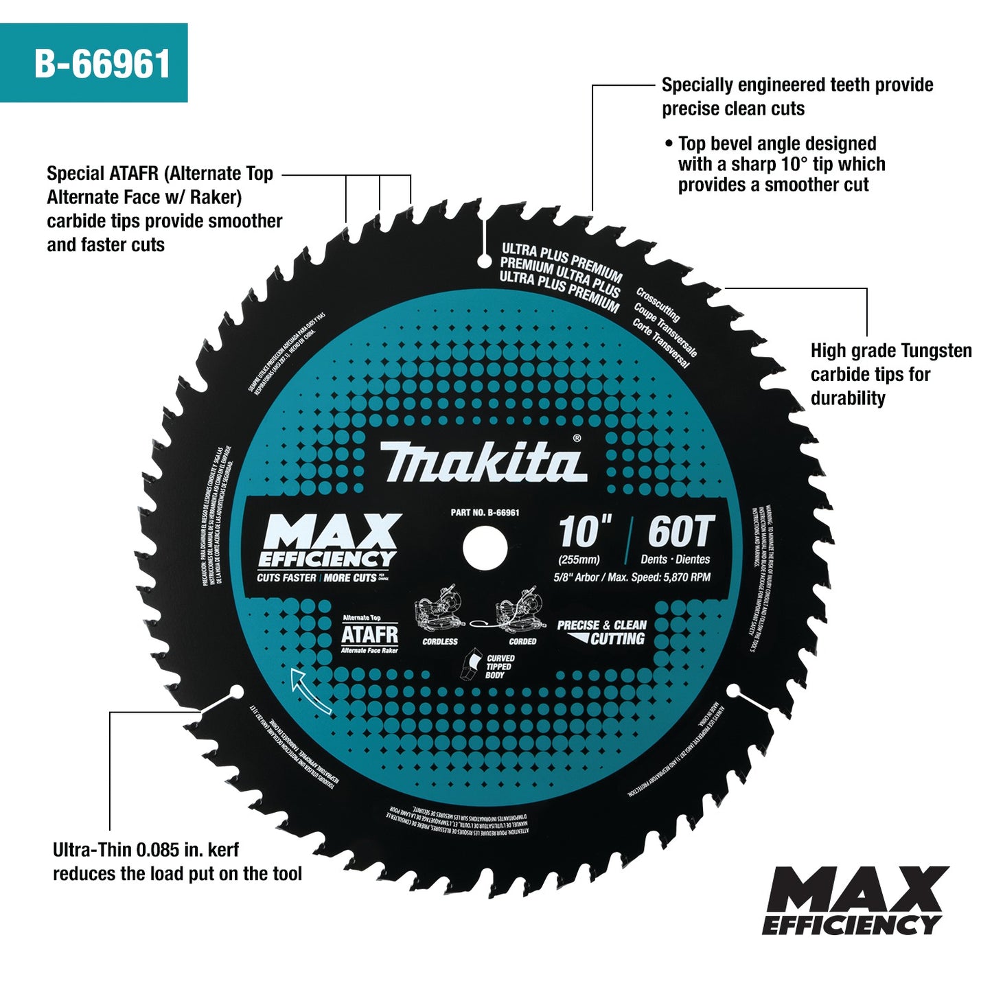 Makita B-66961 10" 60T Carbide‑Tipped Max Efficiency Miter Saw Blade