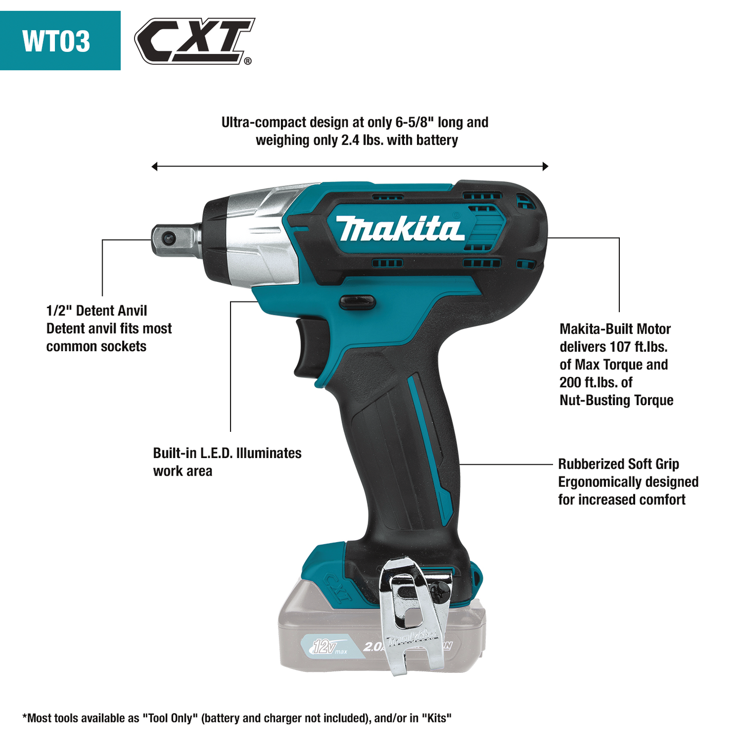 Makita WT03Z 12V max CXT® Lithium‑Ion Cordless 1/2" Sq. Drive Impact Wrench, Tool Only