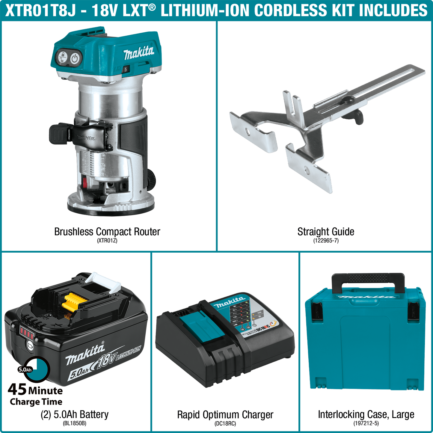 Makita XTR01T8J 18V LXT® Lithium‑Ion Brushless Cordless Compact Router Starter Kit (5.0Ah)