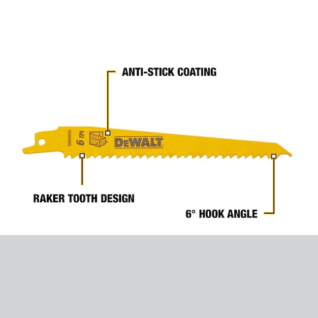 Dewalt DW4802N25 6" 6 Tpi Taper Back Bi-Metal Reciprocating Blade For General Purpose Wood Cutting