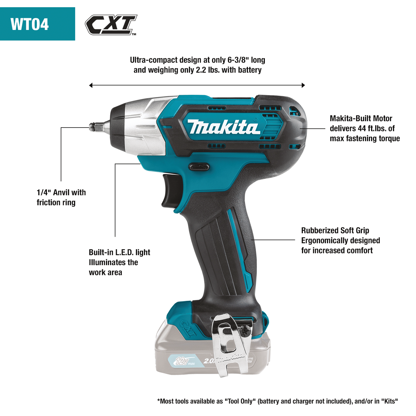 Makita WT04Z 12V max CXT® Lithium‑Ion Cordless 1/4" Impact Wrench, Tool Only