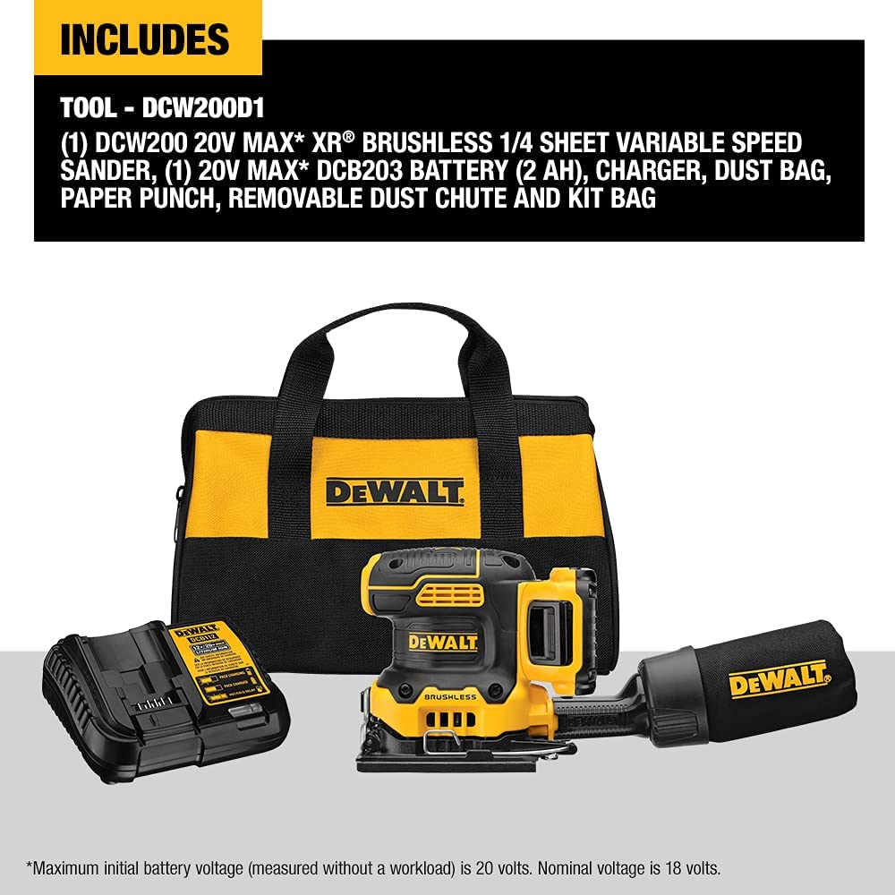 Dewalt DCW200D1 20V Max* Xr® Cordless 1/4 Sheet Variable Speed Sander Kit (2.0 Ah Battery)