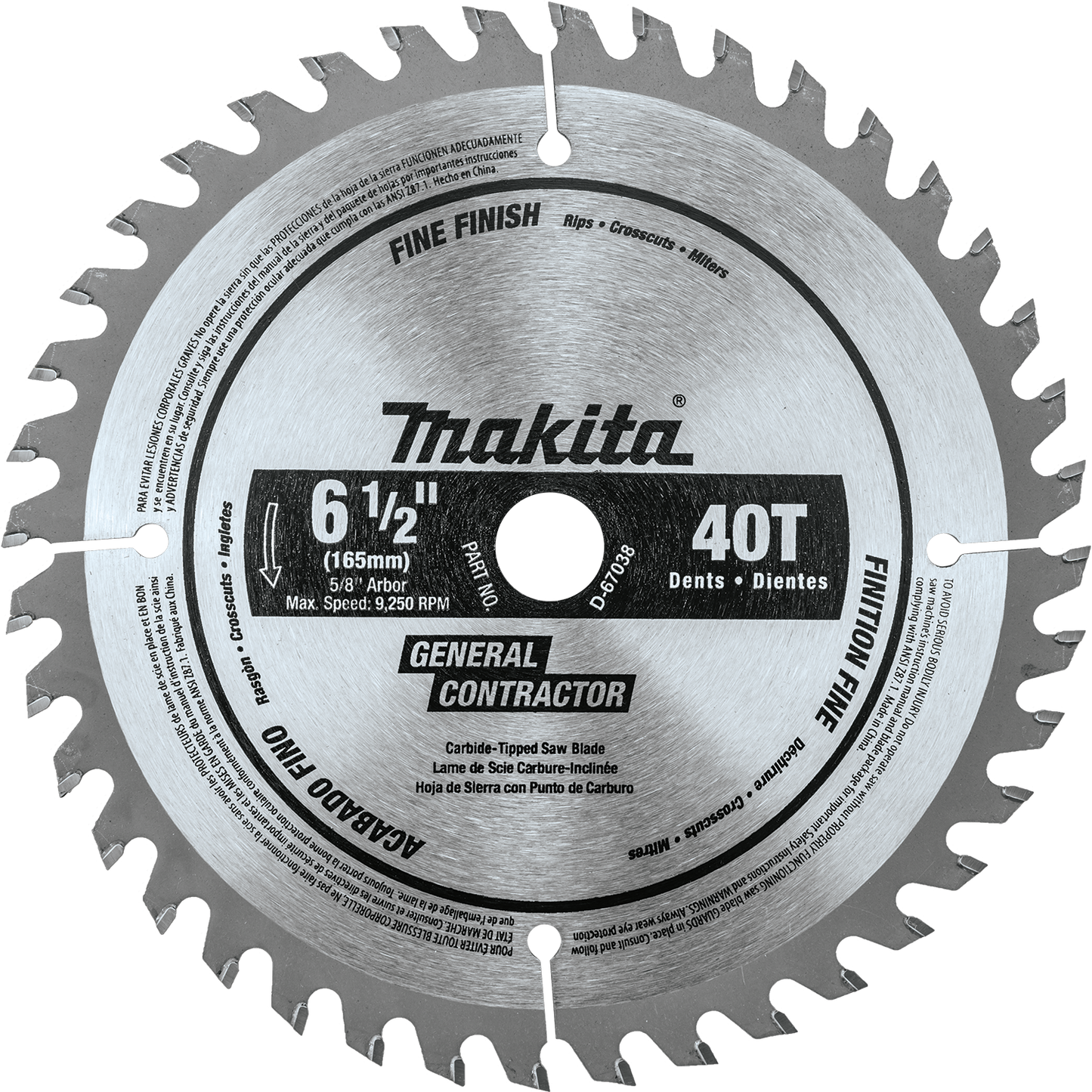 Makita D-67038 6‑1/2" 40T Carbide‑Tipped Circular Saw Blade, Fine Finish