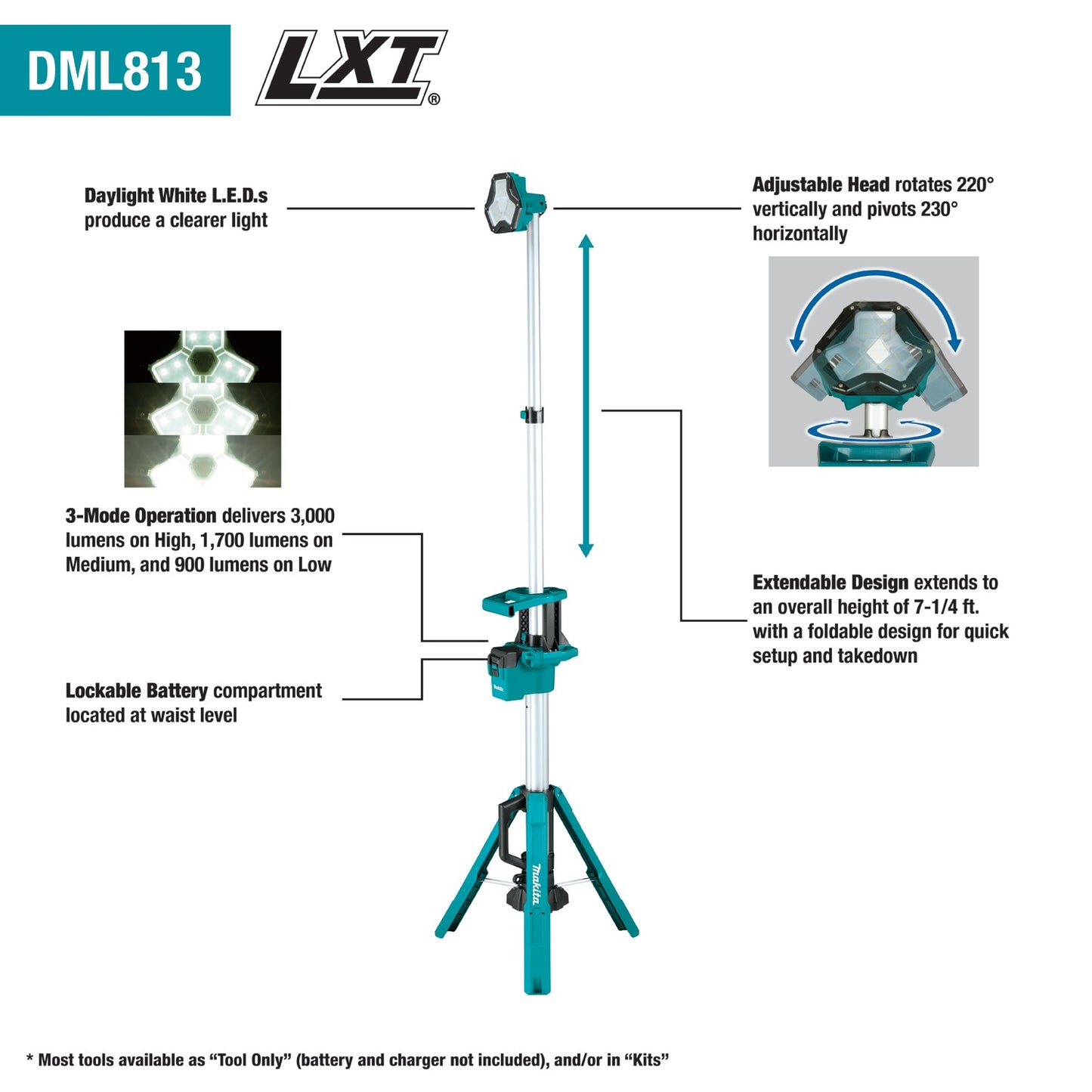 Makita DML813 18V LXT® Lithium‑Ion Cordless Tower Work Light, Light Only