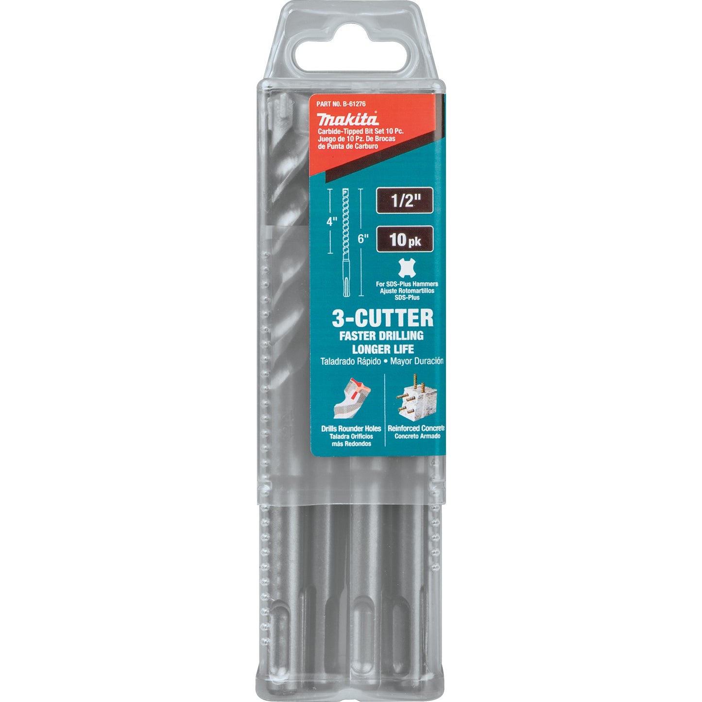 Makita B-61276 1/2" x 6" SDS‑PLUS Bit, 3‑Cutter, 10/pk