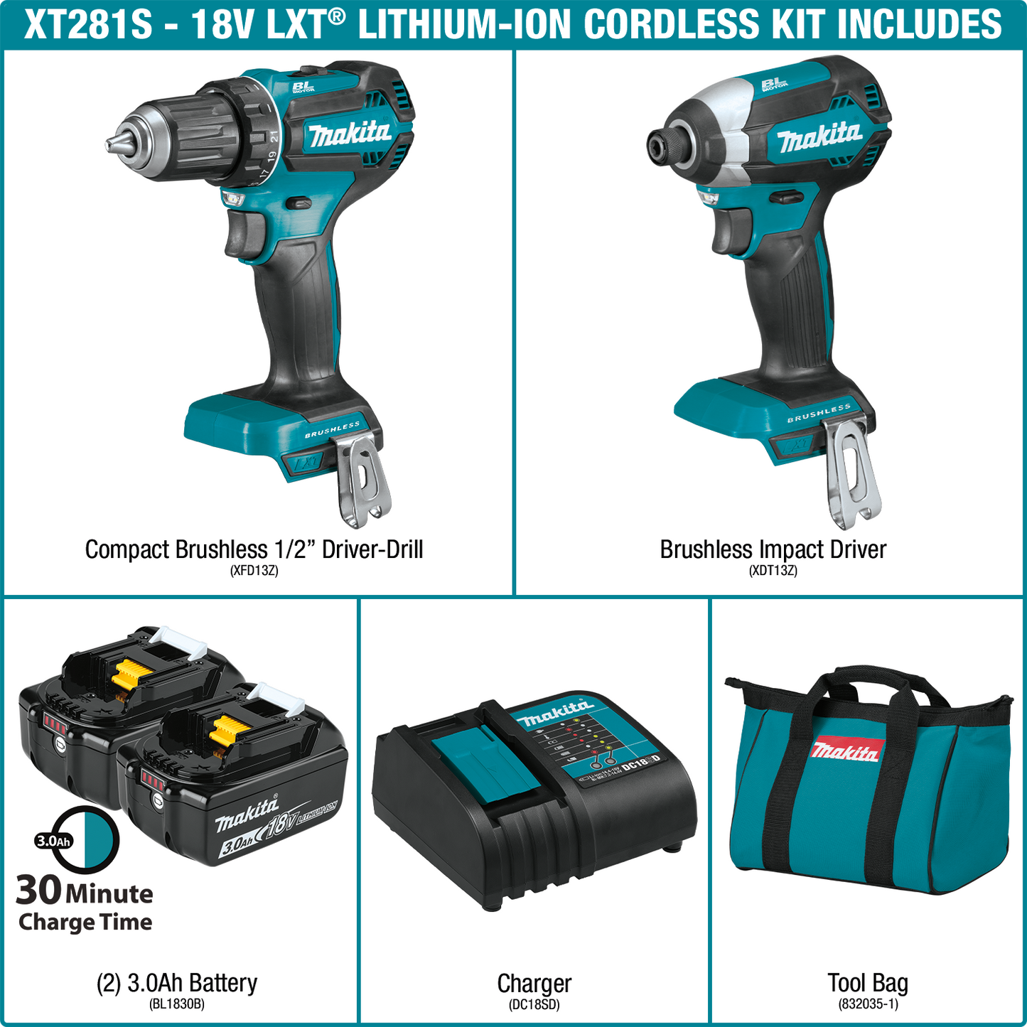 Makita XT281S 18V LXT® Lithium‑Ion Brushless Cordless 2‑Pc. Combo Kit (3.0Ah)