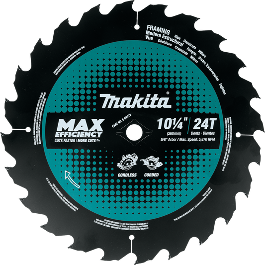 Makita E-07272 10‑1/4" 24T Carbide‑Tipped Max Efficiency Circular Saw Blade, Framing