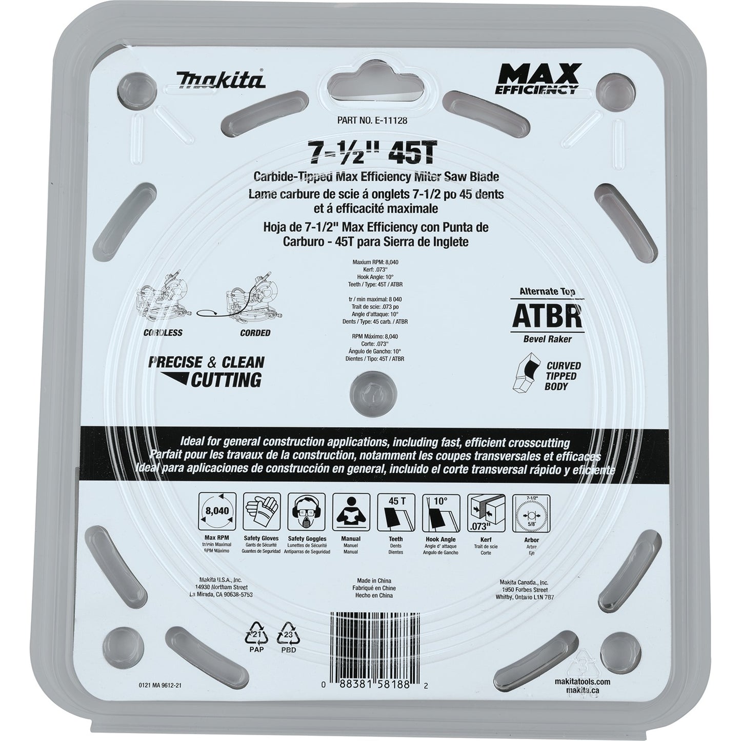 Makita E-11128 7‑1/2" 45T Carbide‑Tipped Max Efficiency Miter Saw Blade