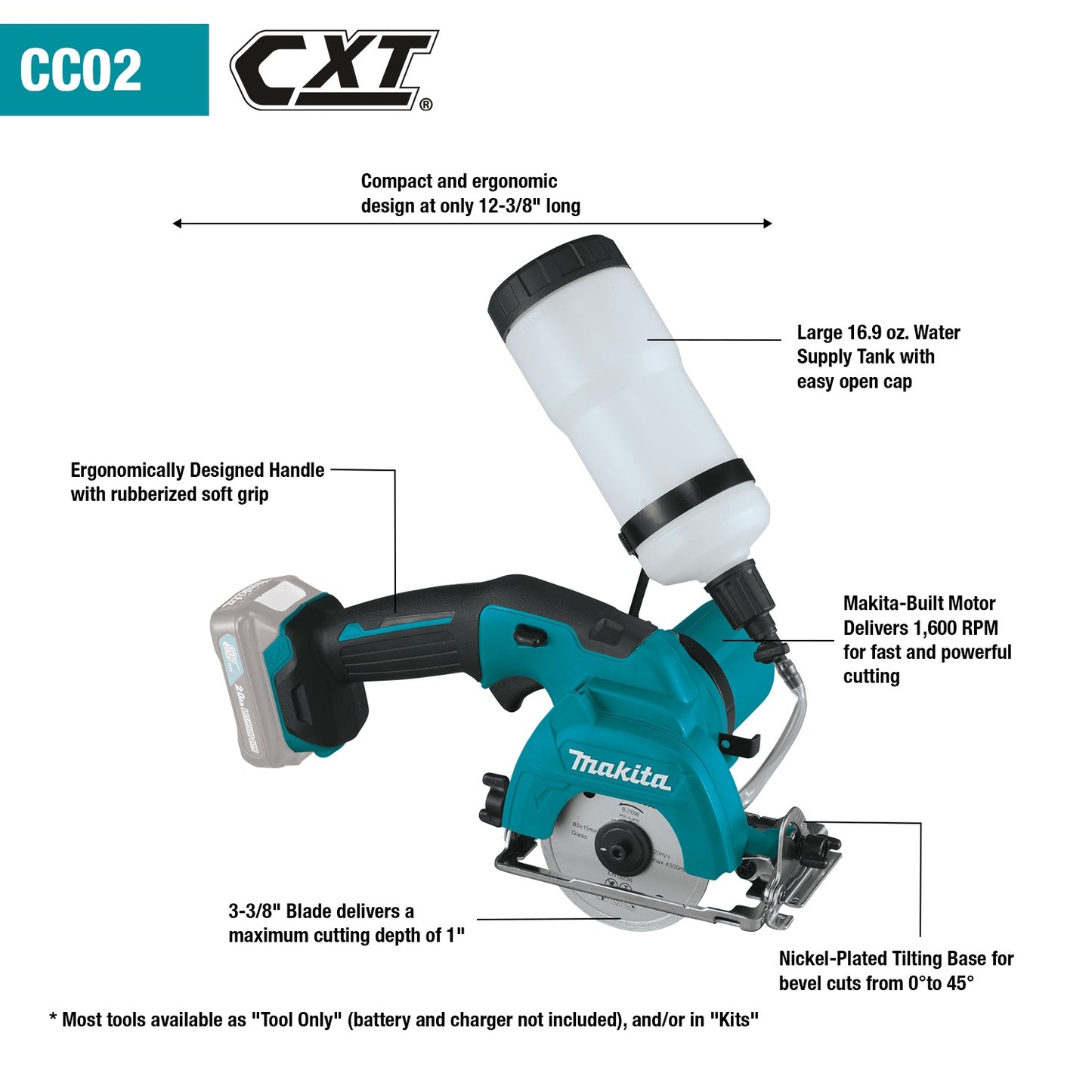 Makita CC02Z 12V max CXT® Lithium‑Ion Cordless 3‑3/8" Tile/Glass Saw, Tool Only