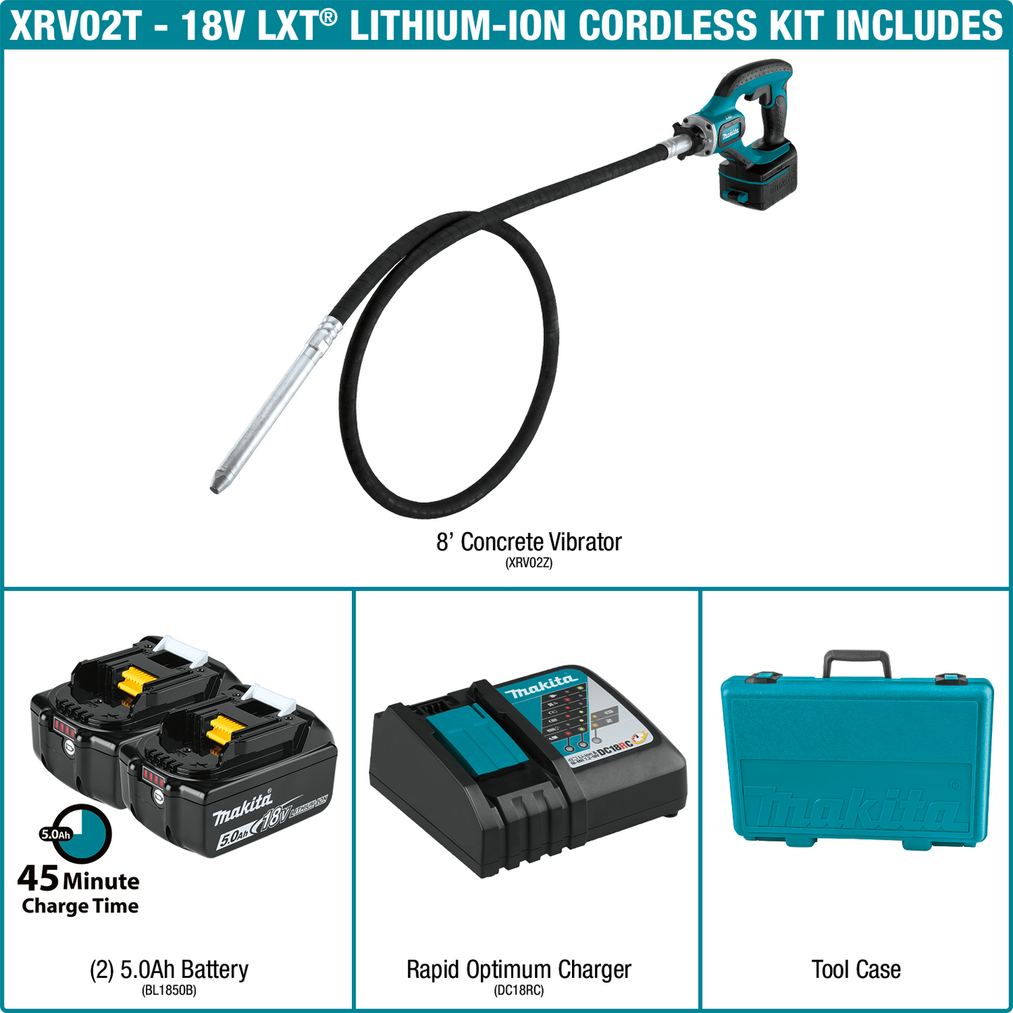 Makita XRV02T 18V LXT® Lithium‑Ion Cordless 8' Concrete Vibrator Kit (5.0Ah)