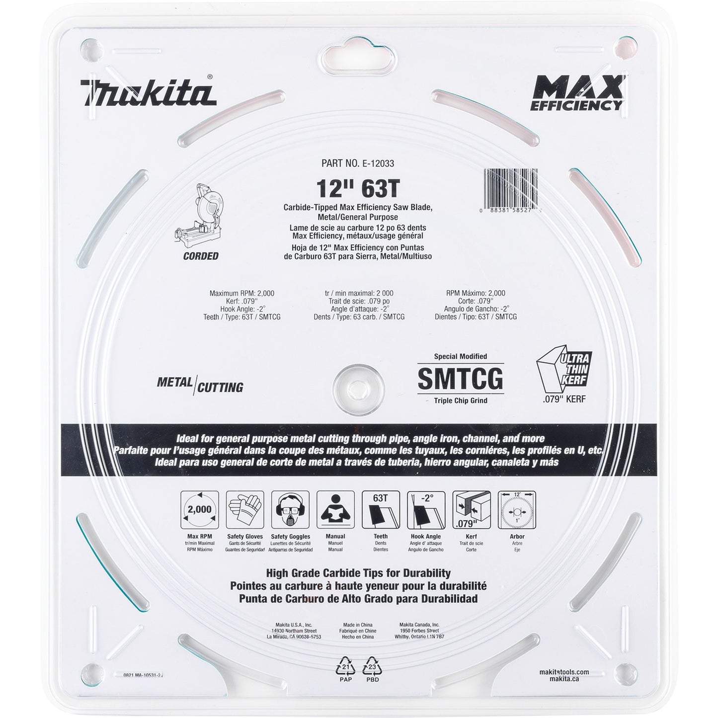 Makita E-12033 12" 63T Carbide‑Tipped Max Efficiency Saw Blade, Metal/General Purpose