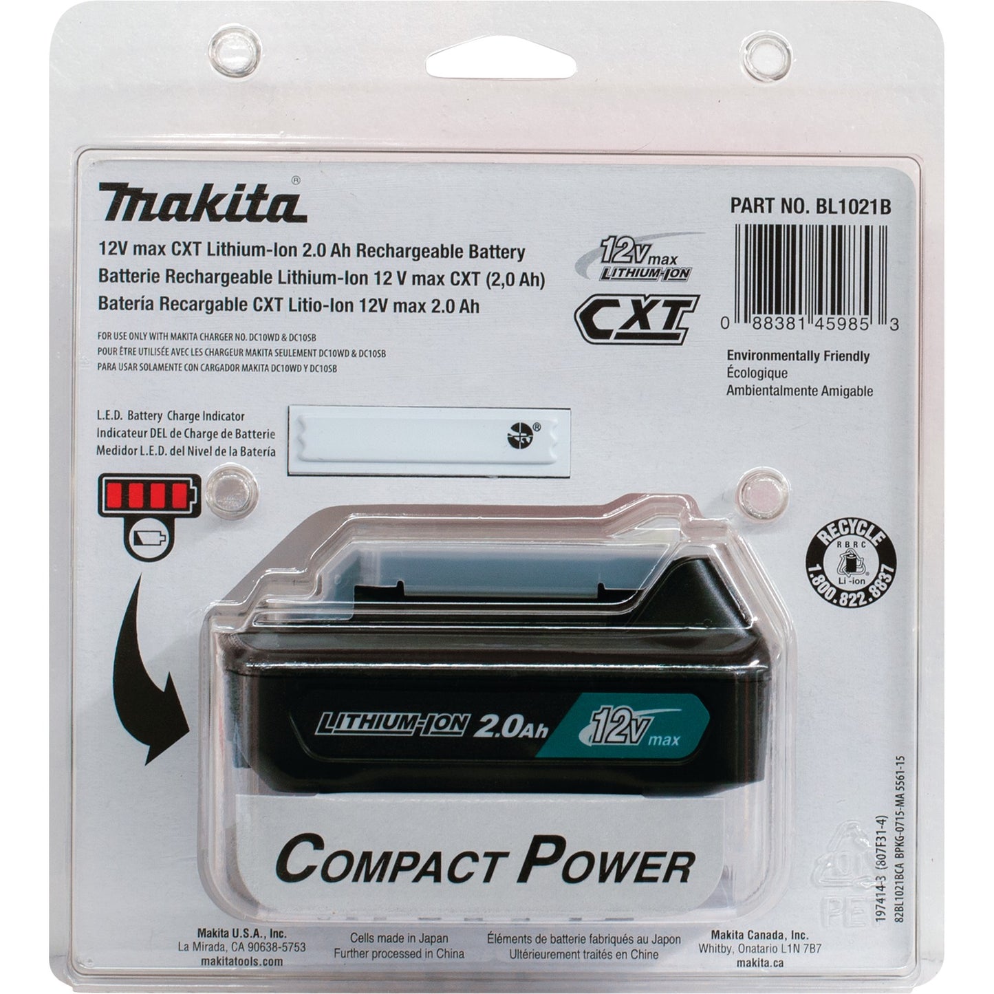 Makita BL1021B 12V max CXT® Lithium‑Ion 2.0Ah Battery