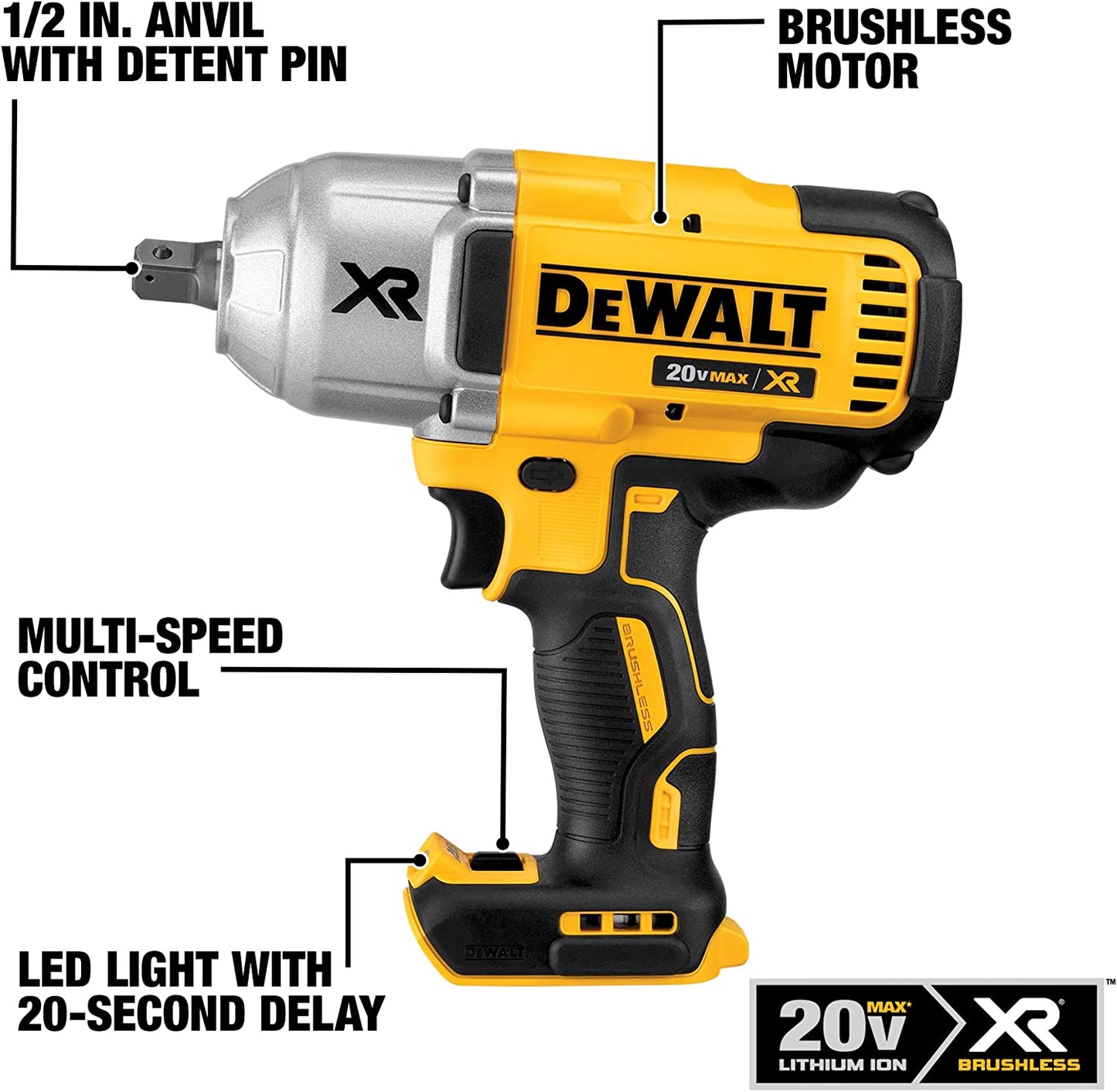 Dewalt DCF899P1 20V Max* Xr® High Torque 1/2 In Cordless Impact Wrench With Detent Pin Anvil Kit
