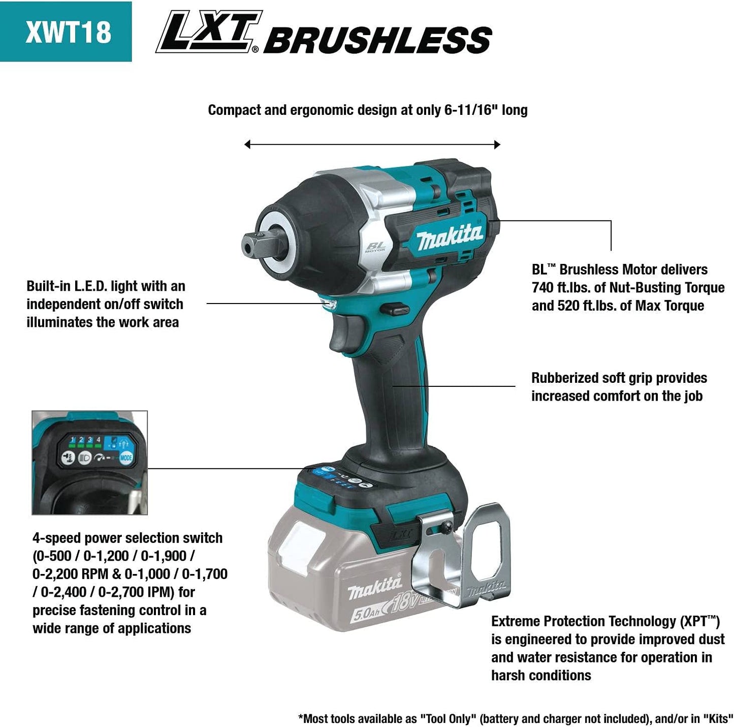 Makita XWT18XVZ 18V LXT® Lithium‑Ion Brushless Cordless 4‑Speed Mid‑Torque 1/2" Sq. Drive Utility Impact Wrench w/ Detent Anvil, Tool Only