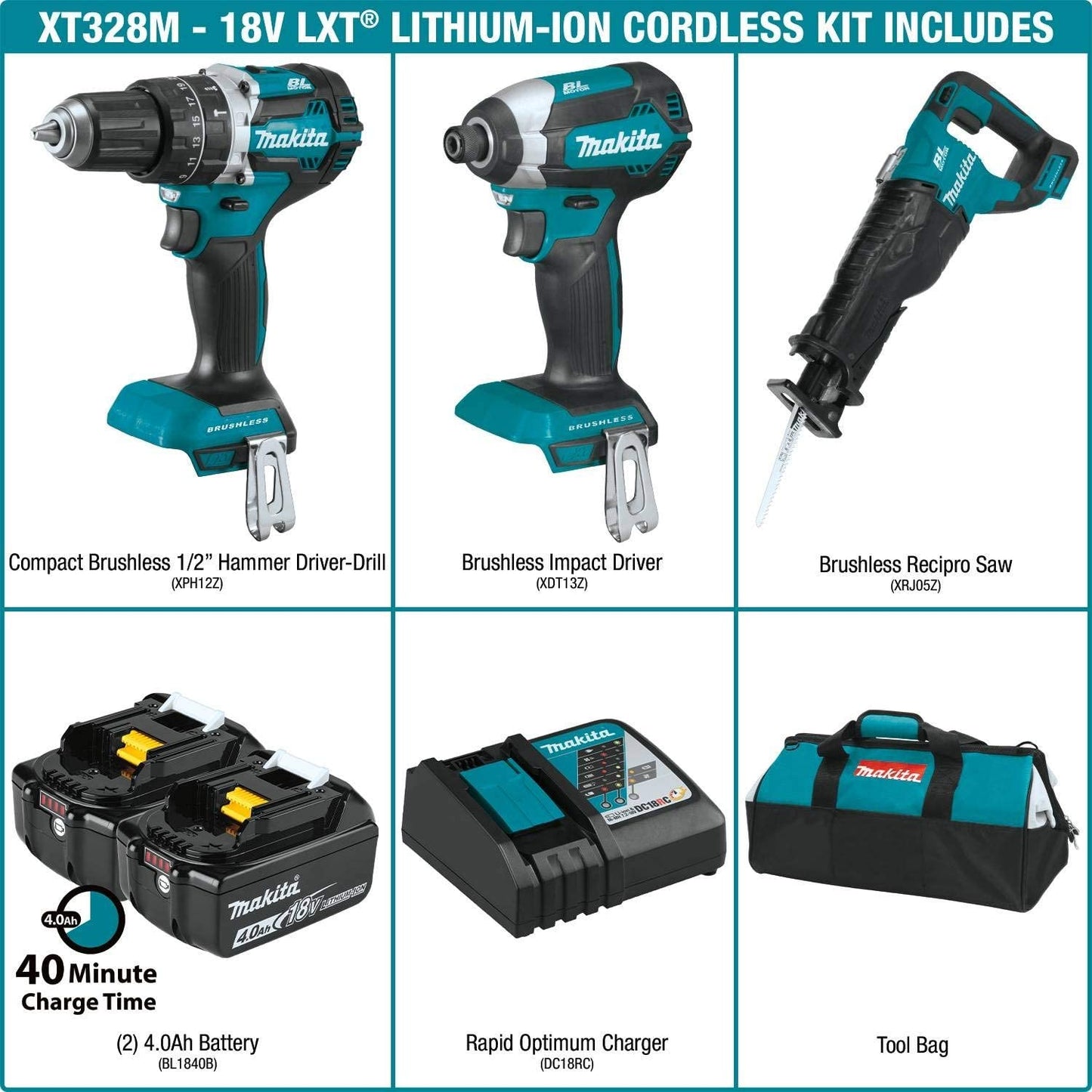 Makita XT328M 18V LXT® Lithium‑Ion Brushless Cordless 3‑Pc. Combo Kit (4.0Ah)