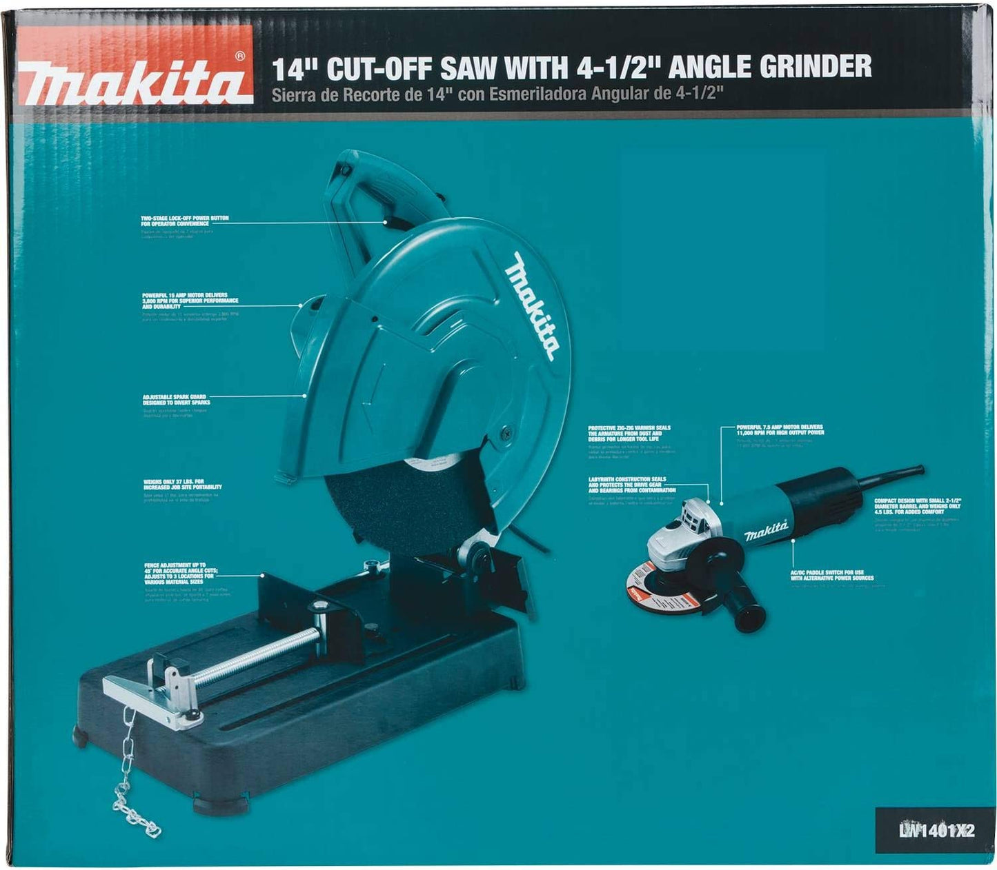 Makita LW1401X2 14" Cut‑Off Saw with 4‑1/2" Paddle Switch Angle Grinder