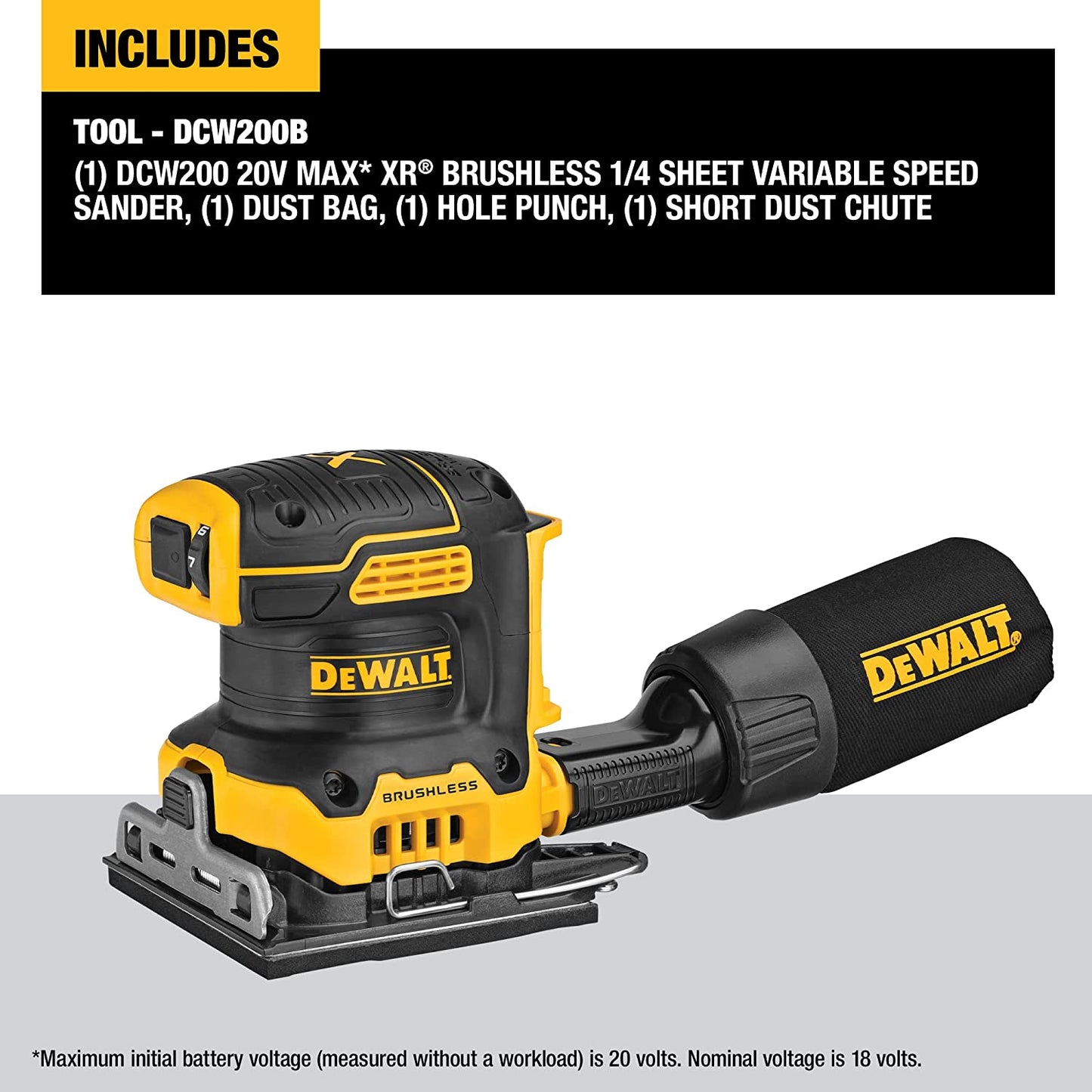 Dewalt DCW200B 20V Max* Xr® Brushless Cordless 1/4 Sheet Variable Speed Sander (Tool Only)