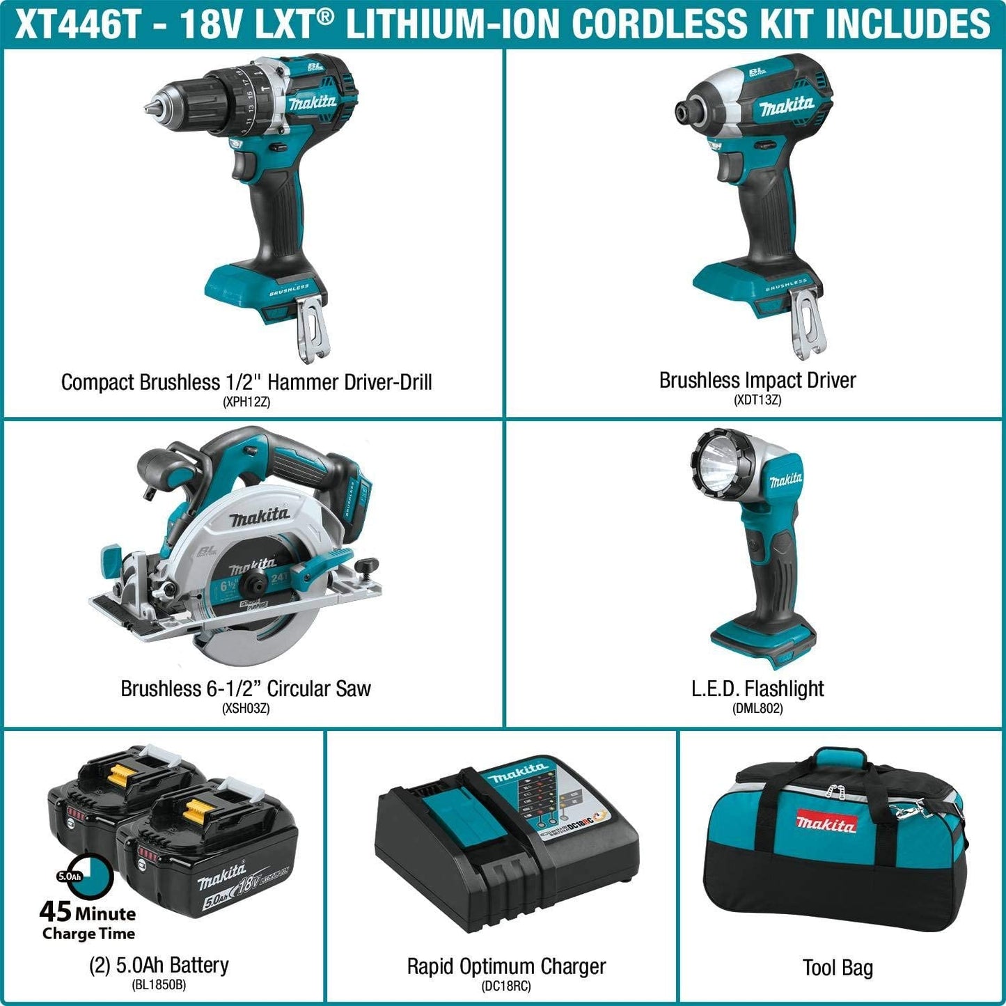 Makita XT446T 18V LXT® Lithium‑Ion Brushless Cordless 4‑Pc. Combo Kit (5.0Ah)