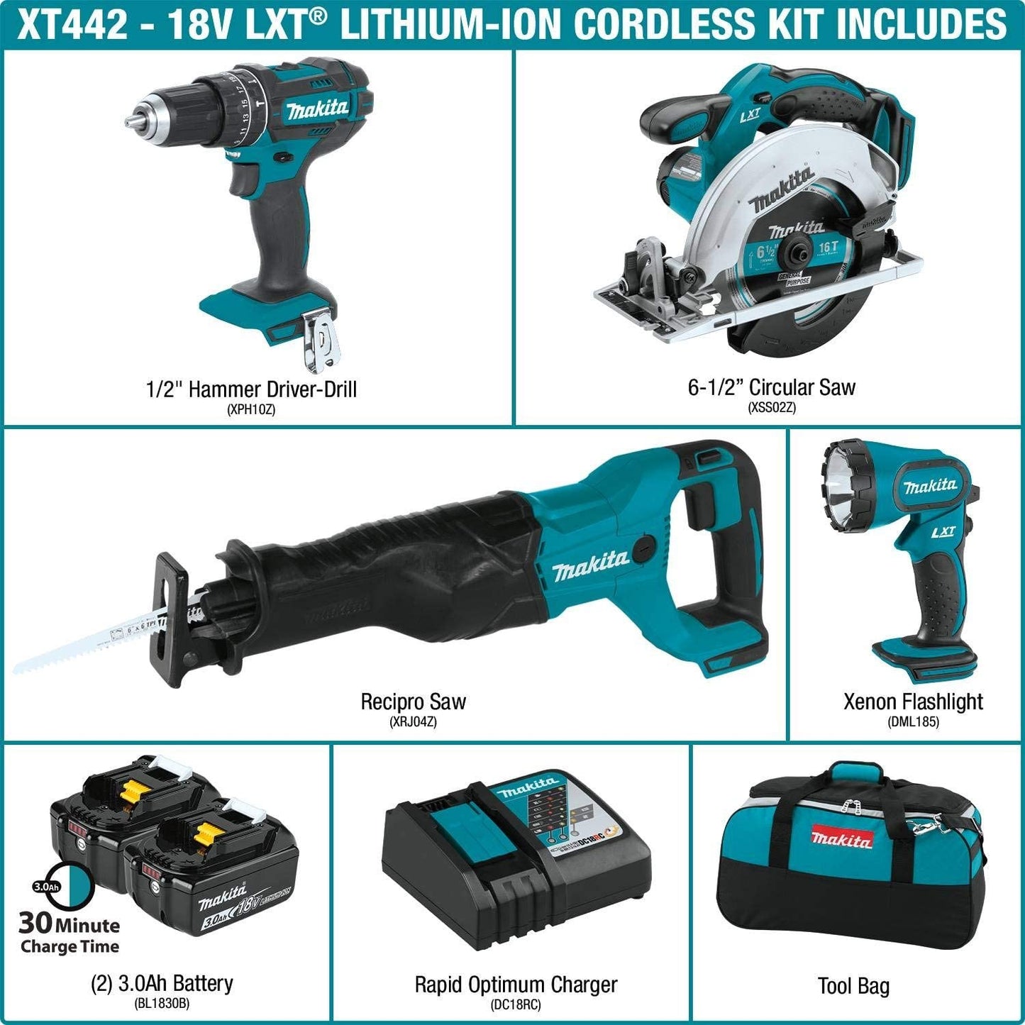 Makita XT442 18V LXT® Lithium‑Ion Cordless 4‑Pc. Combo Kit (3.0Ah)