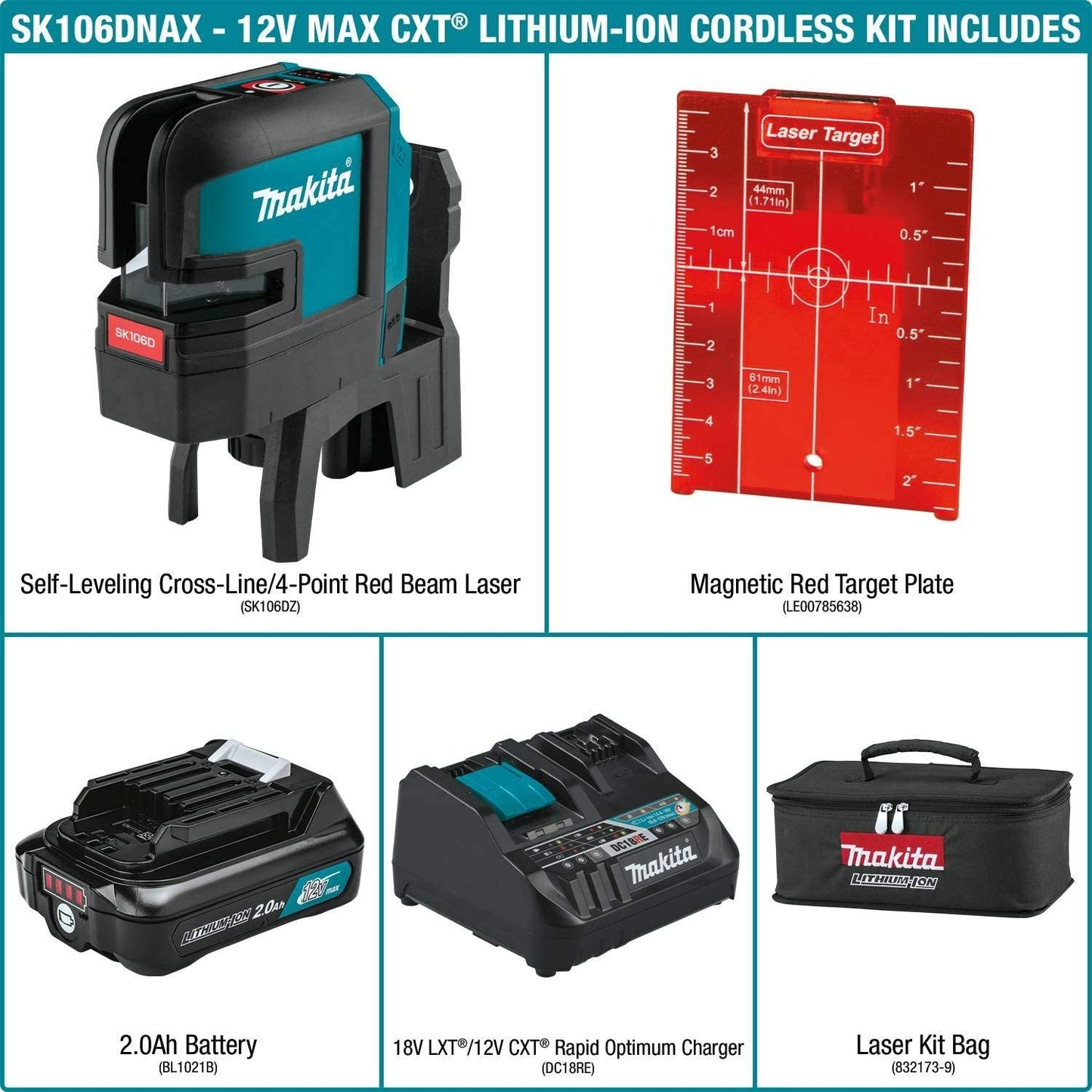 Makita SK106DNAX 12V max CXT® Lithium‑Ion Cordless Self‑Leveling Cross‑Line/4‑Point Red Beam Laser Kit (2.0Ah)