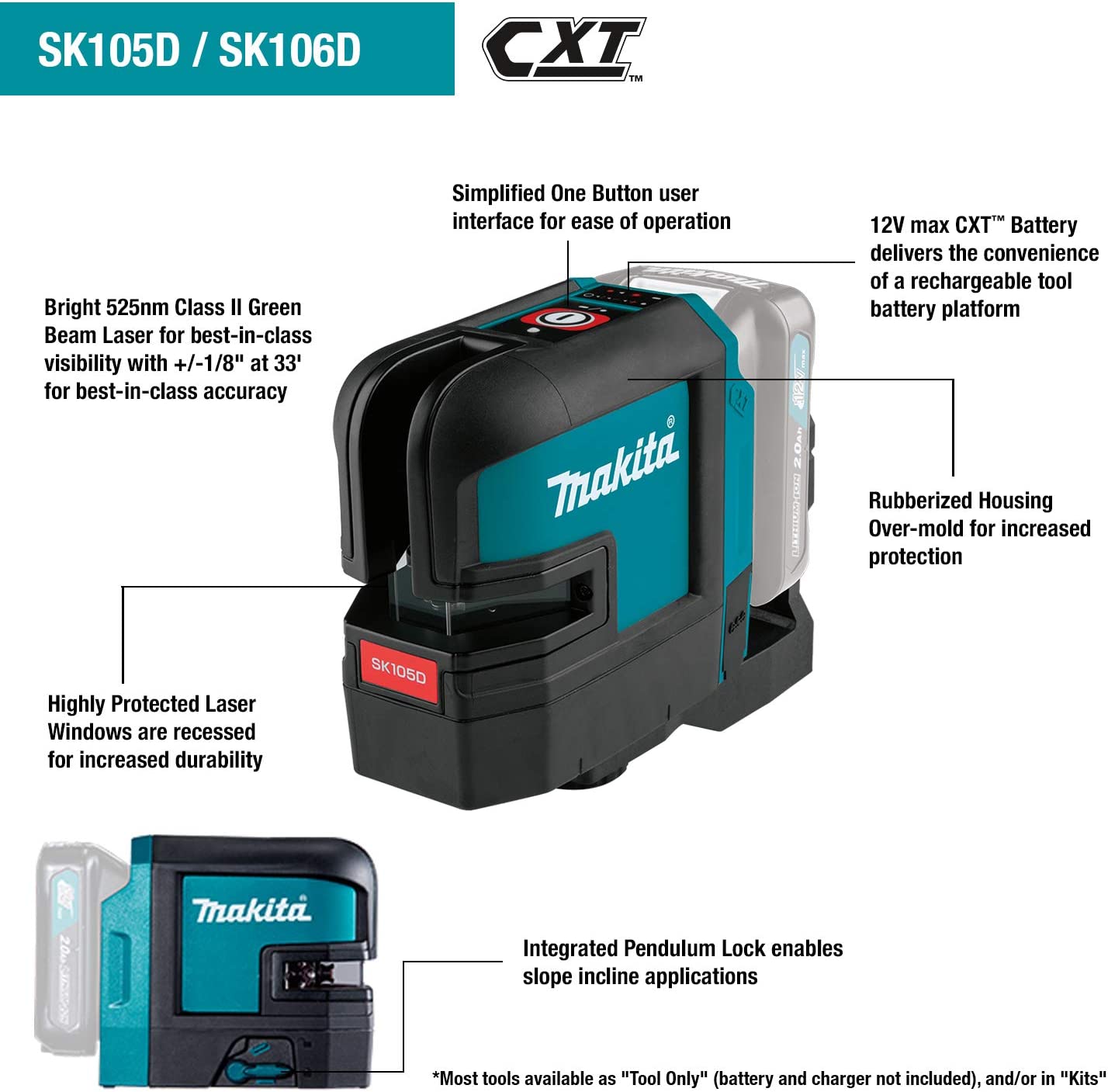 Makita SK106DNAX 12V max CXT® Lithium‑Ion Cordless Self‑Leveling Cross‑Line/4‑Point Red Beam Laser Kit (2.0Ah)