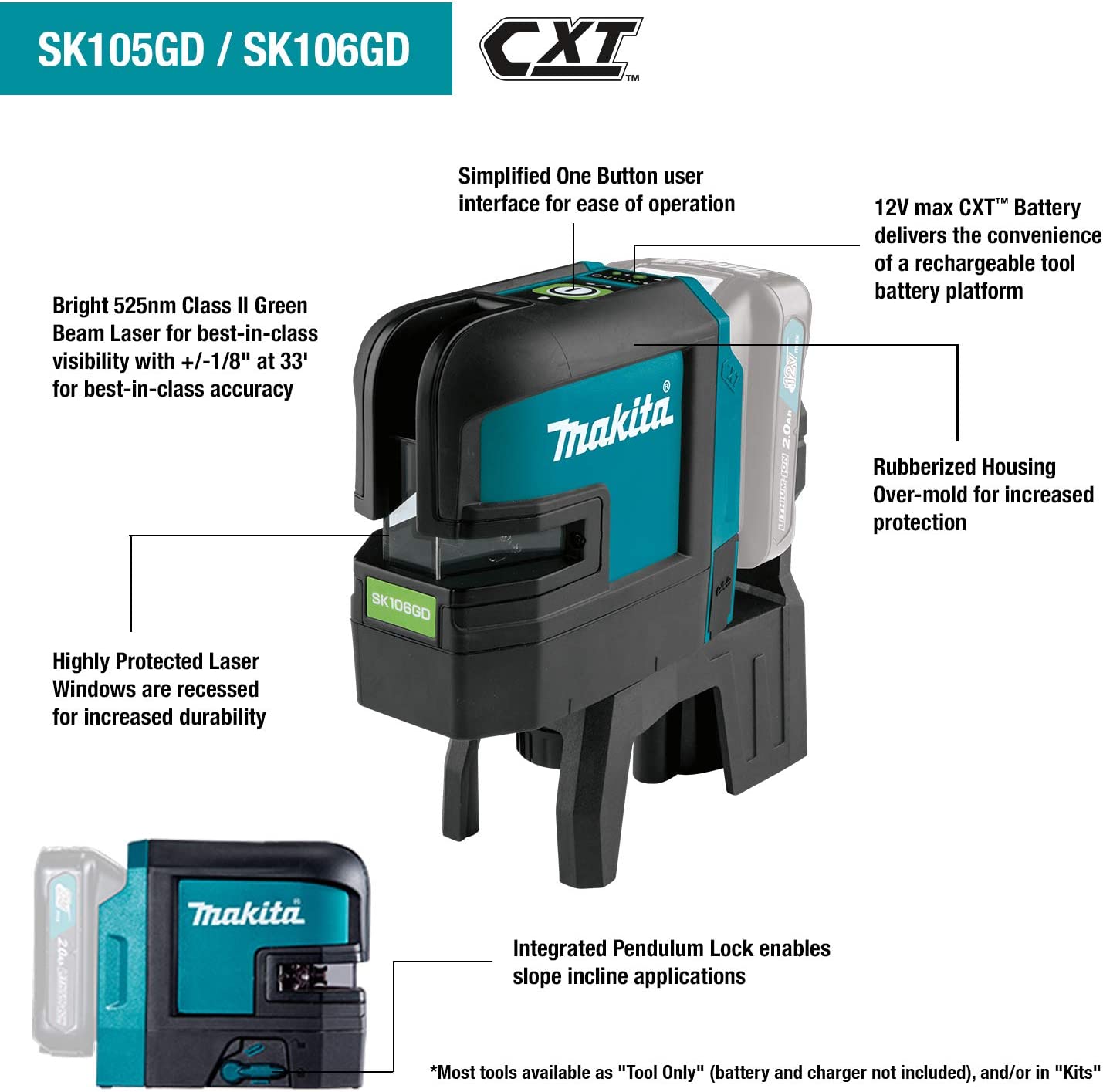 Makita SK106GDZ 12V max CXT® Lithium‑Ion Cordless Self‑Leveling Cross‑Line/4‑Point Green Beam Laser, Tool Only