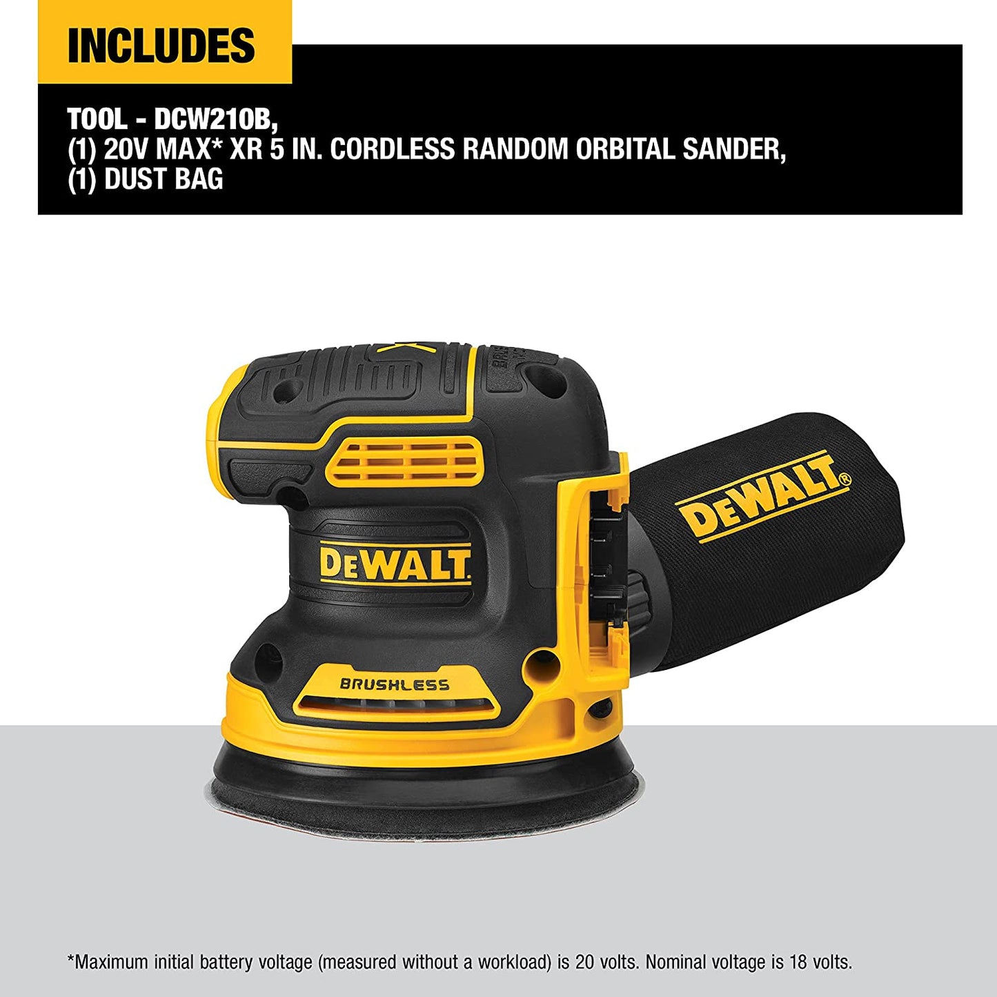 Dewalt DCW210B 20V Max* Xr® 5 In Brushless Cordless Variable-Speed Random Orbital Sander (Tool Only)