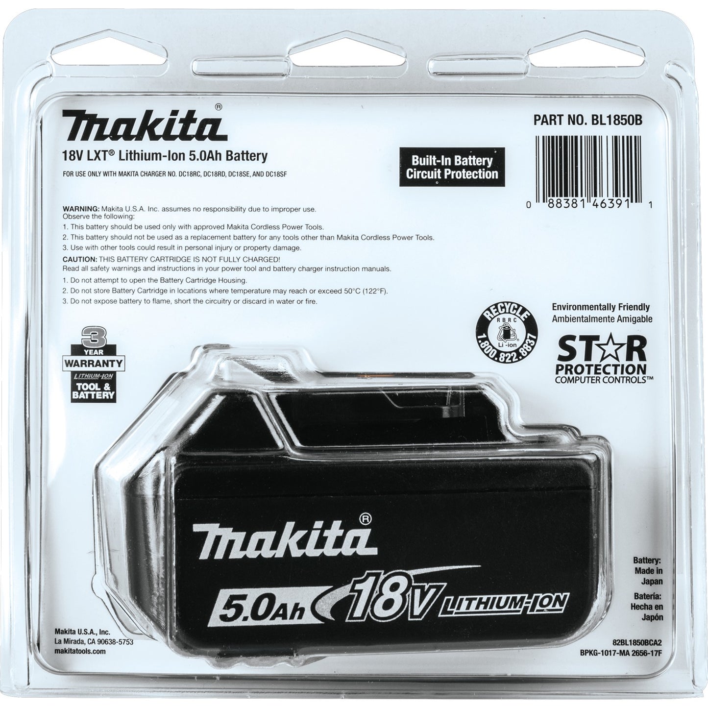 Makita BL1850B 18V LXT® Lithium‑Ion 5.0Ah Battery