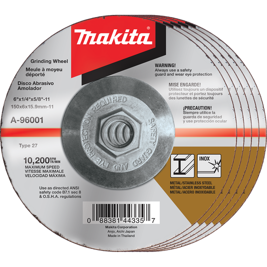 Makita A-96001-5 6" x 1/4" x 5/8‑11" Hubbed INOX Grinding Wheel, 36 Grit, 5/pk