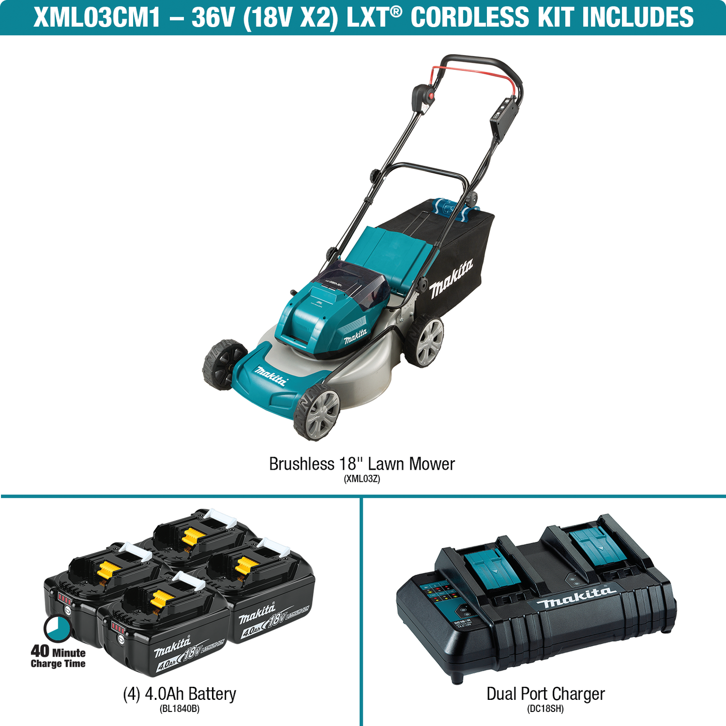 Makita XML03CM1 36V (18V X2) LXT® Brushless 18" Lawn Mower Kit with 4 Batteries (4.0Ah)