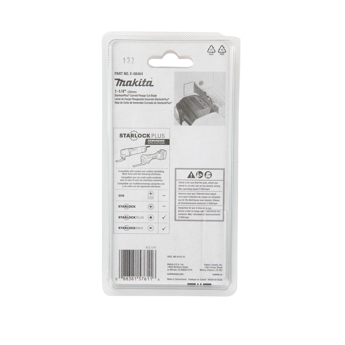 Makita E-08464 StarlockPlus® Oscillating Multi‑Tool 1‑1/4" Bi‑Metal Curved Plunge Cut Blade