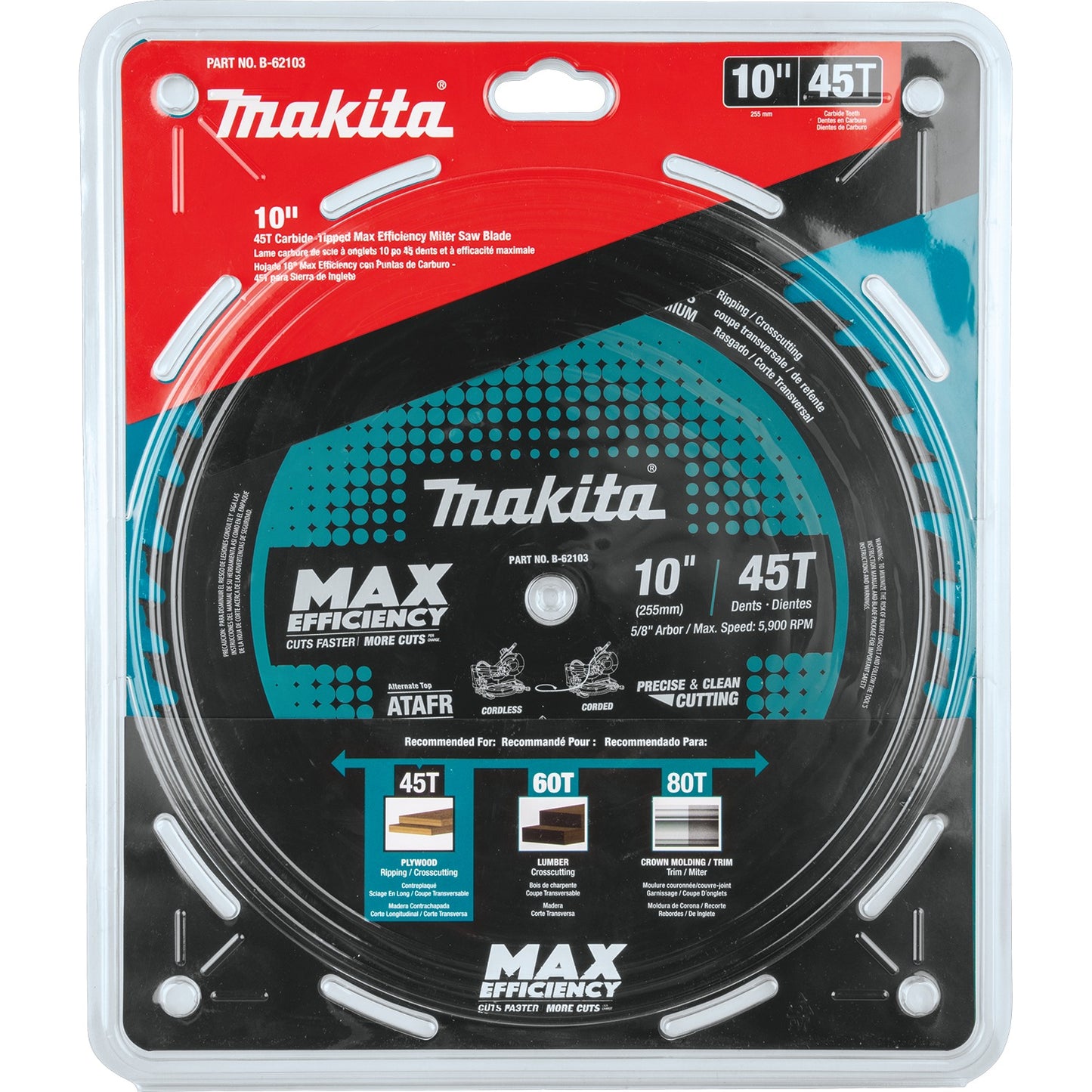 Makita B-62103 10" 45T Carbide‑Tipped Max Efficiency Miter Saw Blade