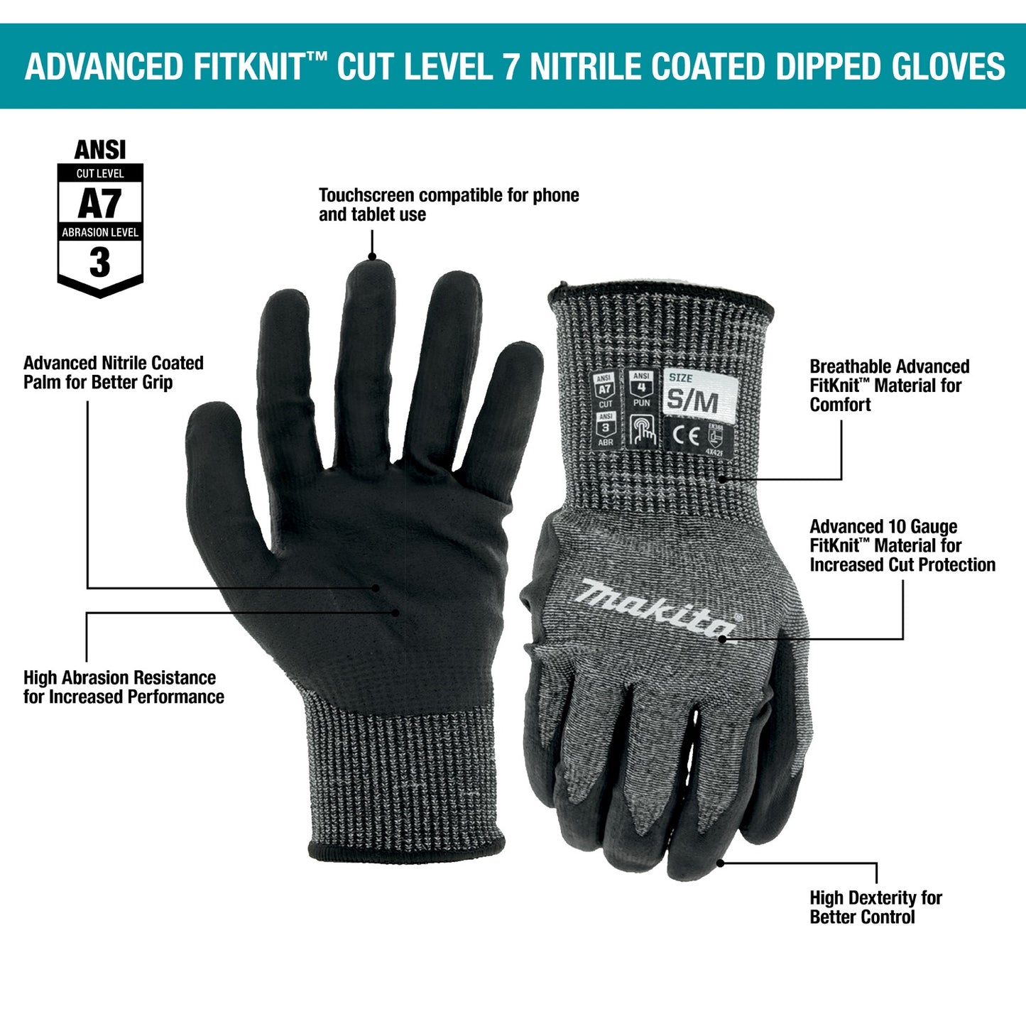 Makita T-04139 Advanced FitKnit™ Cut Level 7 Nitrile Coated Dipped Gloves (Small/Medium)
