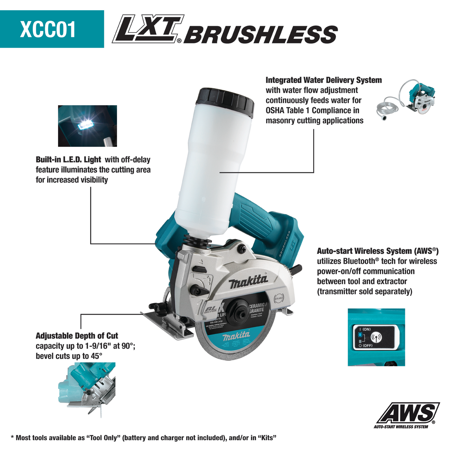 Makita XCC01Z 18V LXT® Lithium‑Ion Brushless Cordless 5" Wet/Dry Masonry Saw, AWS® Capable, Tool Only