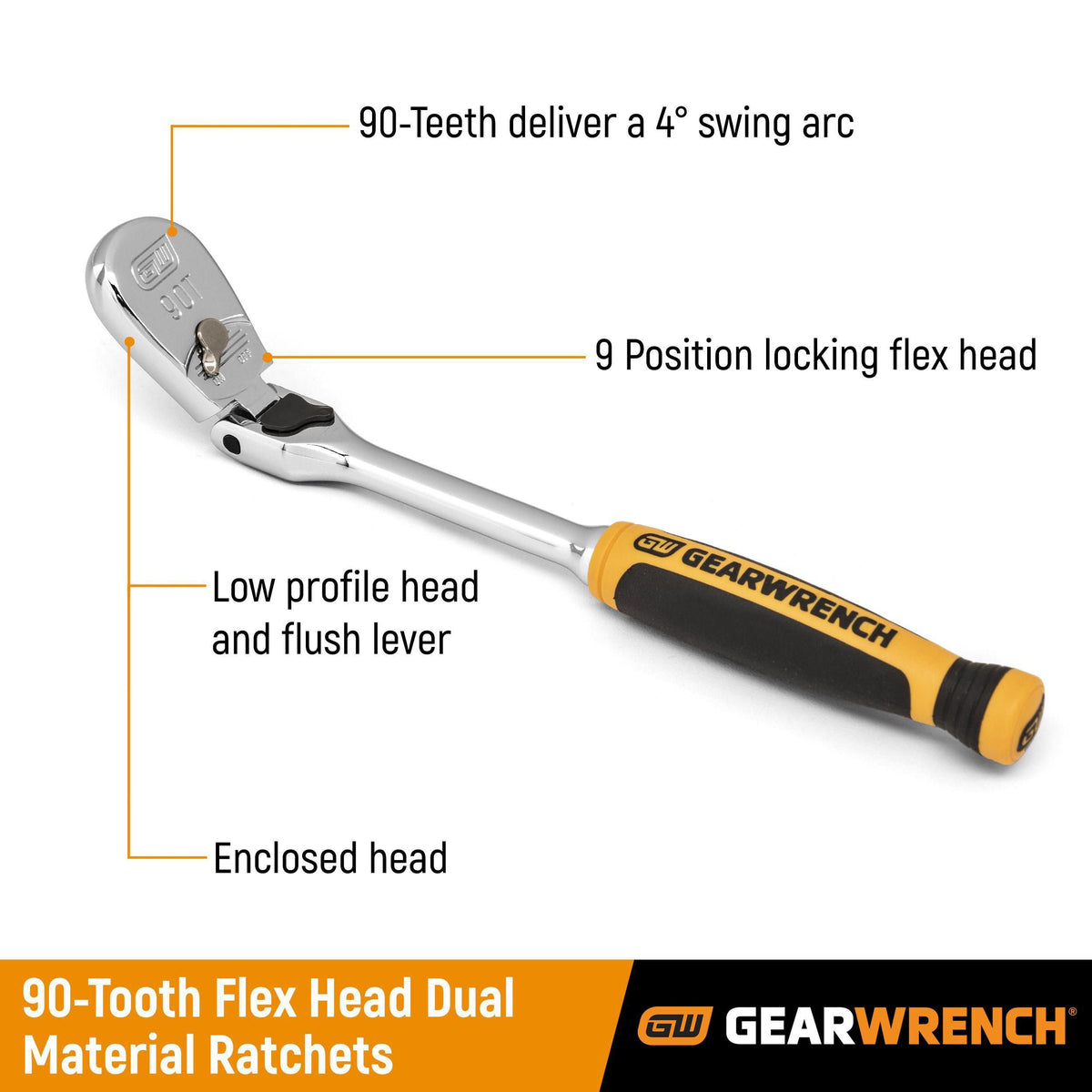 Gearwrench 81267T 3/8" Drive 90-Tooth Dual Material Locking Flex Head Teardrop Ratchet 13"