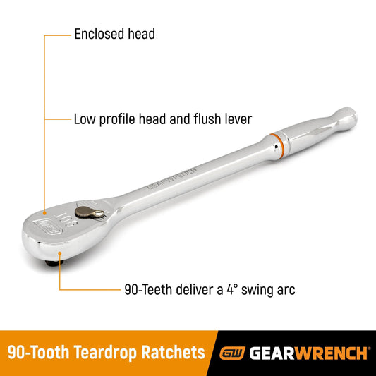 Gearwrench 81360T 1/2" Drive 90-Tooth Long Handle Teardrop Ratchet 15"