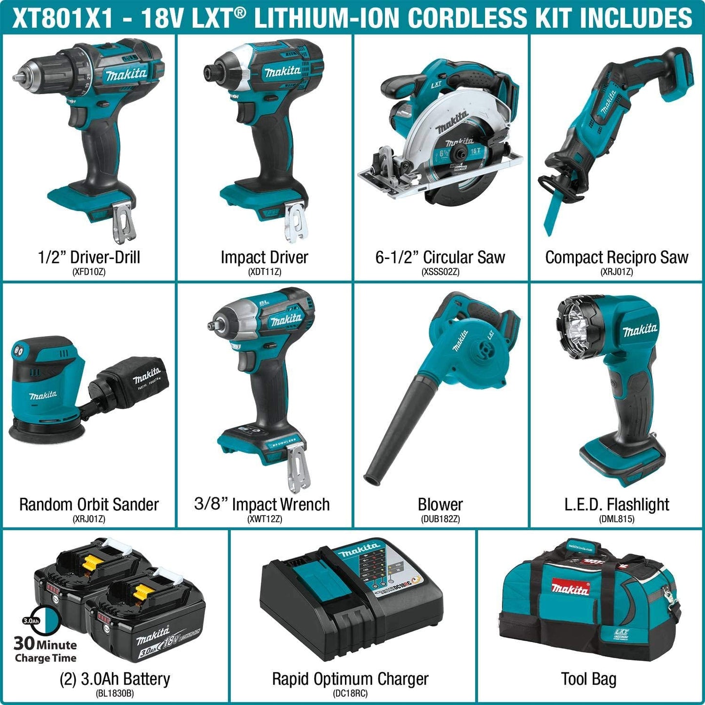 Makita XT801X1 18V LXT® Lithium‑Ion Cordless 8‑Pc. Combo Kit (3.0Ah)