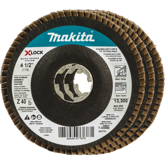 Makita T-03894-3 X‑LOCK 4‑1/2" 40 Grit Type 29 Angled Grinding and Polishing Flap Disc for X‑LOCK and All 7/8" Arbor Grinders, 3/pk