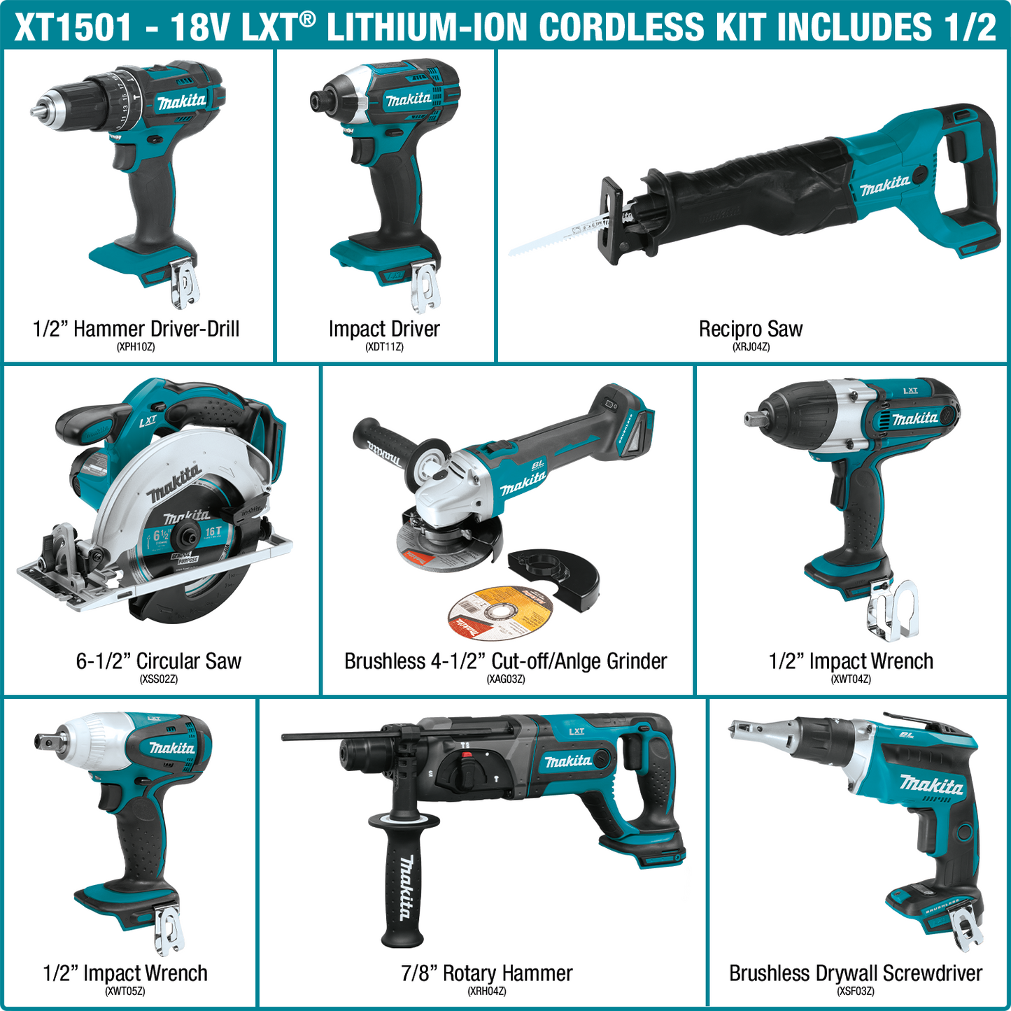 Makita XT1501 18V LXT® Lithium‑Ion Cordless 15‑Pc. Combo Kit (3.0Ah)