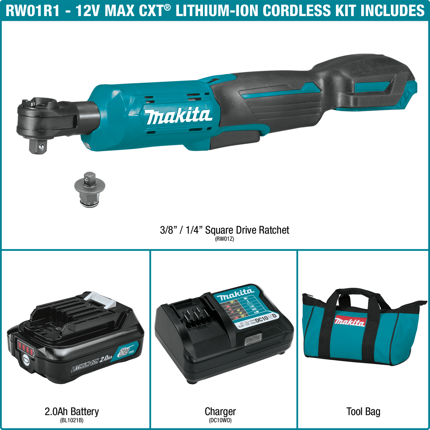 Makita RW01R1 12V max CXT® Lithium‑Ion Cordless 3/8" / 1/4" Sq. Drive Ratchet Kit (2.0Ah)