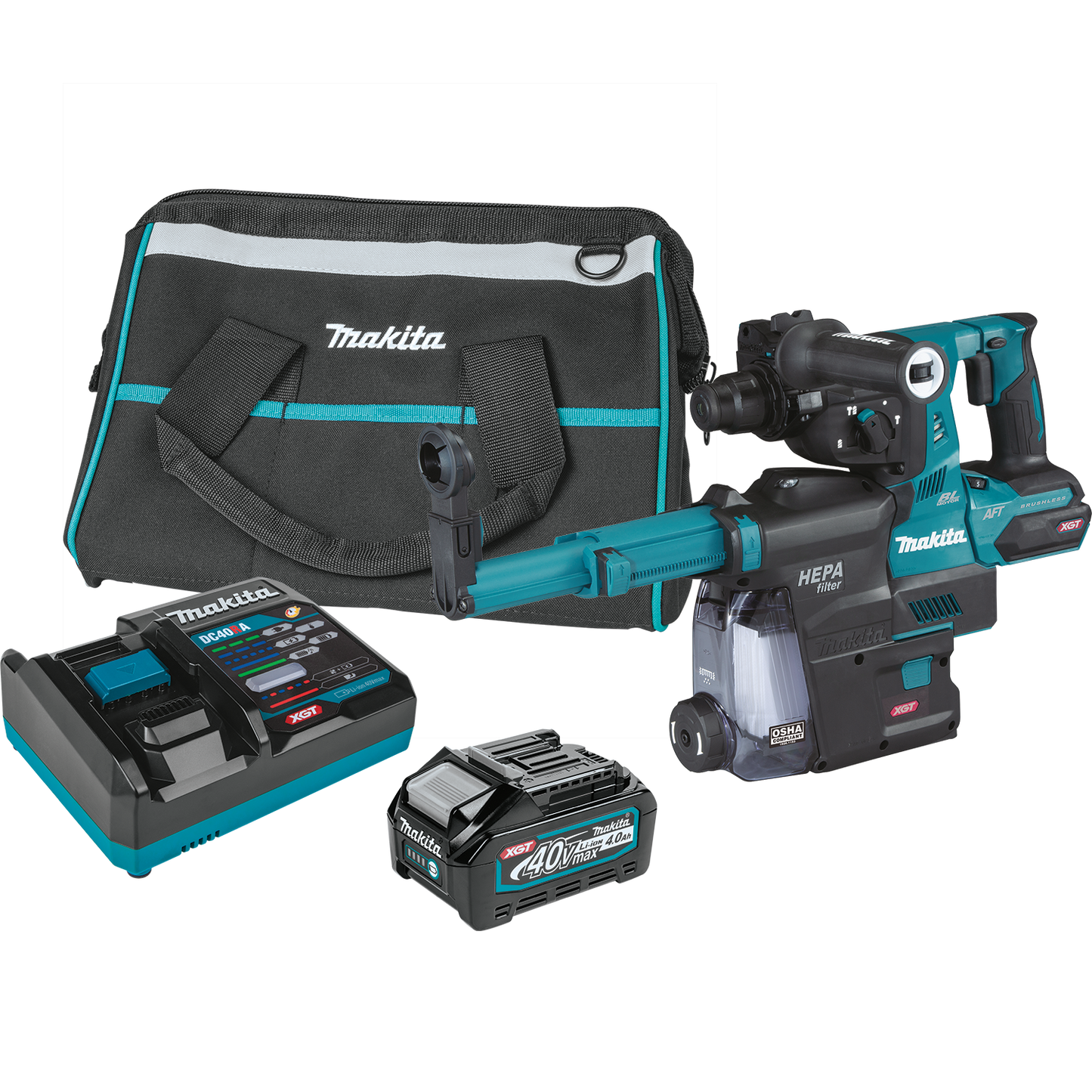 Makita GRH01M1W 40V max XGT® Brushless Cordless 1‑1/8" SDS‑PLUS AVT® Rotary Hammer Kit w/ Dust Extractor, AFT®, AWS® Capable (4.0Ah)