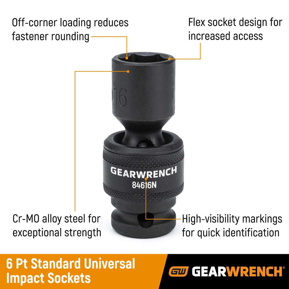 Gearwrench 84918N 15 Piece 3/8" Drive 6 Point Standard Universal Impact Metric Socket Set