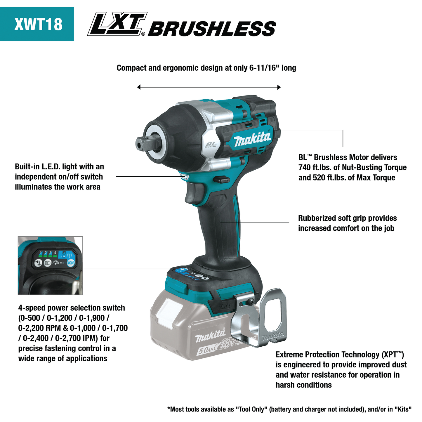 Makita XWT18Z 18V LXT® Lithium‑Ion Brushless Cordless 4‑Speed Mid‑Torque 1/2" Sq. Drive Impact Wrench w/ Detent Anvil, Tool Only