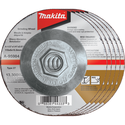 Makita A-95984-5 4‑1/2" x 1/4" x 5/8‑11" INOX Grinding Wheel, 36 Grit, 5/pk