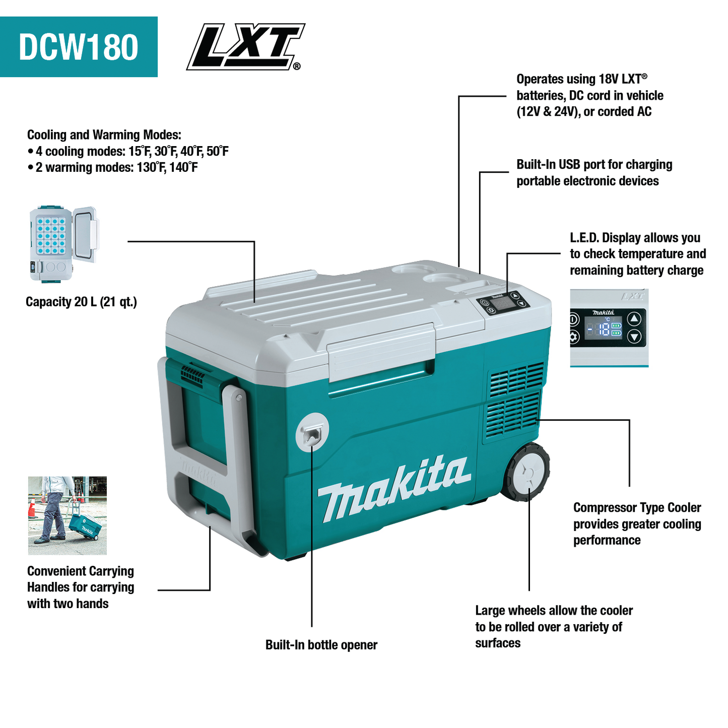 Makita DCW180Z 18V X2 LXT® Lithium‑Ion, 12V/24V DC Auto, and AC Cooler/Warmer, Tool Only
