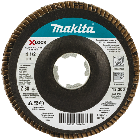 Makita T-03919 X‑LOCK 4‑1/2" 80 Grit Type 29 Angled Grinding and Polishing Flap Disc for X‑LOCK and All 7/8" Arbor Grinders