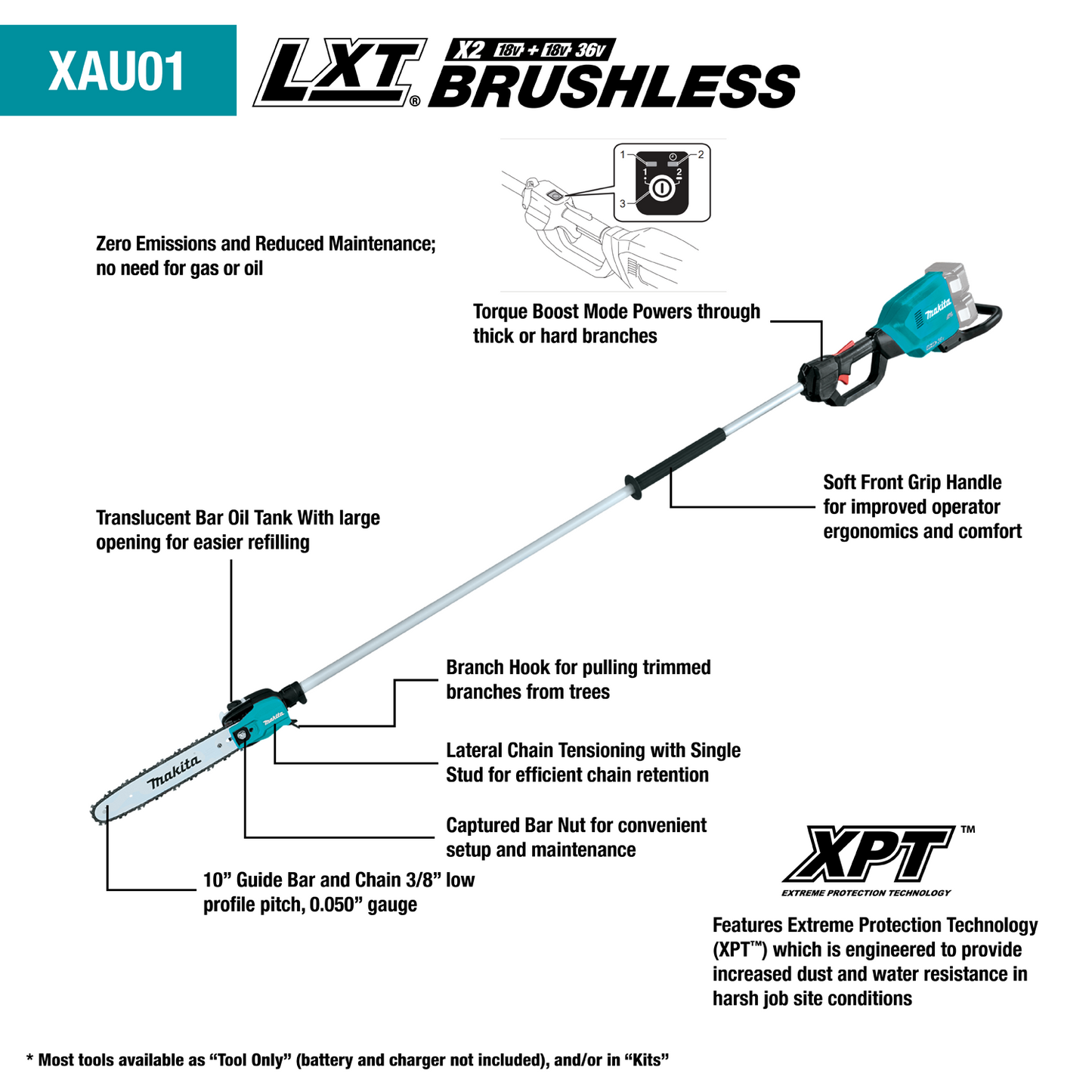 Makita XAU01ZB 36V (18V X2) LXT® Brushless 10" Pole Saw, 8' Length, Tool Only