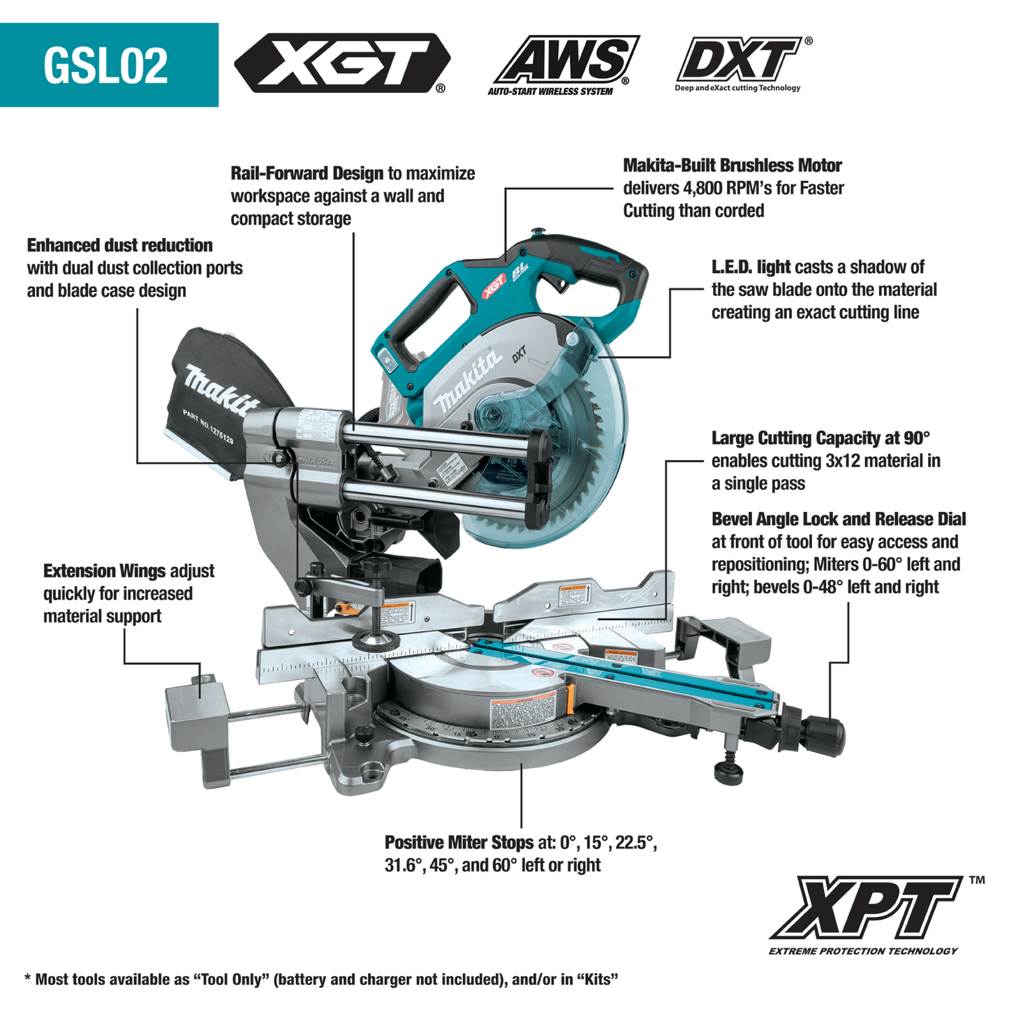 Makita GSL02M1 40V max XGT® Brushless Cordless 8‑1/2" Dual‑Bevel Sliding Compound Miter Saw Kit, AWS® Capable (4.0Ah)