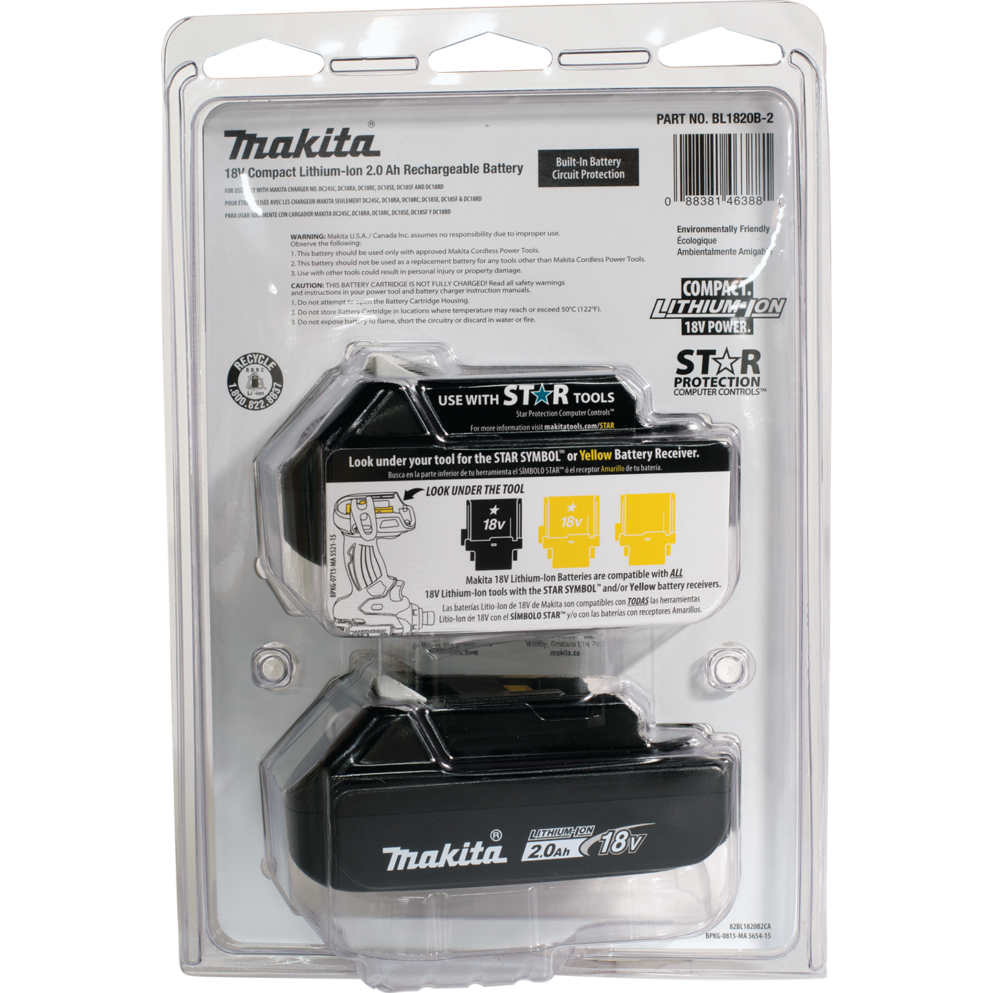 Makita BL1820B-2 18V LXT® Lithium‑Ion Compact 2.0Ah Battery, 2/pk