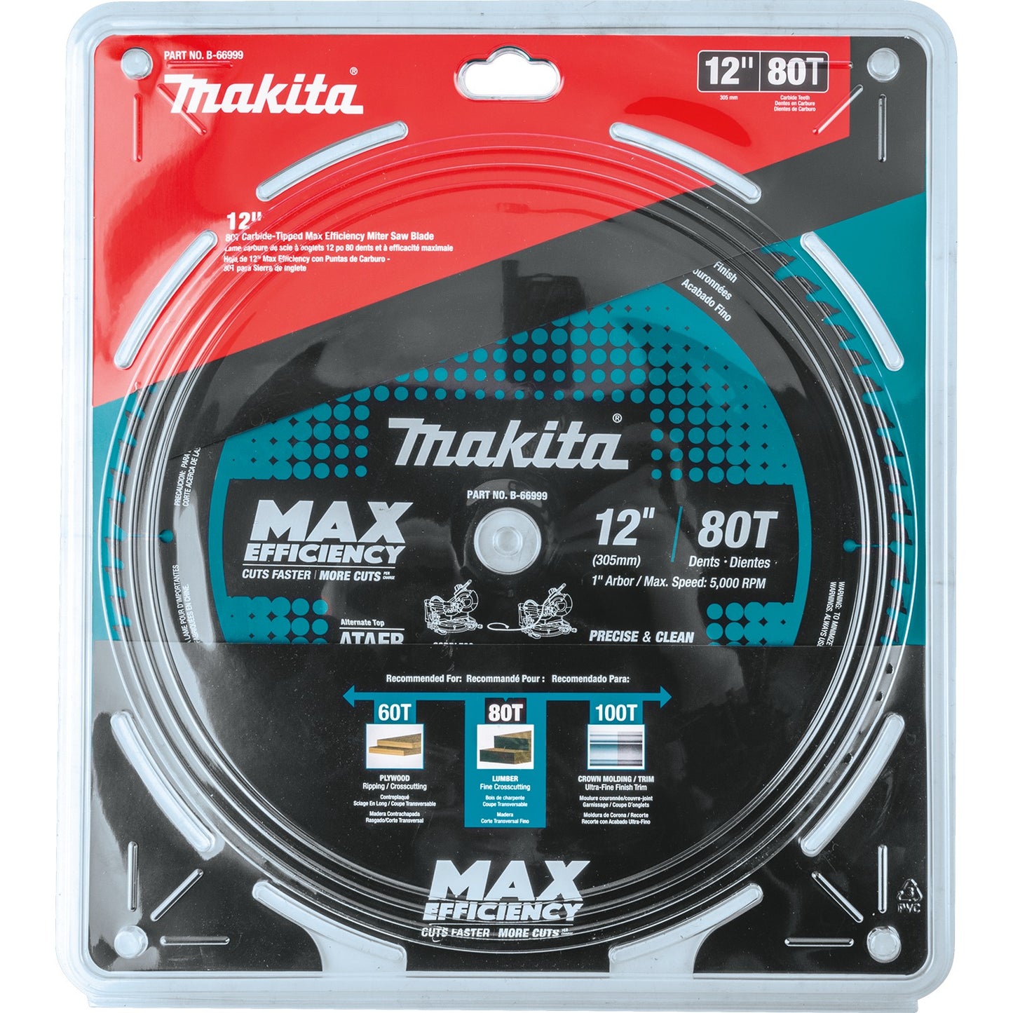 Makita B-66999 12" 80T Carbide‑Tipped Max Efficiency Miter Saw Blade